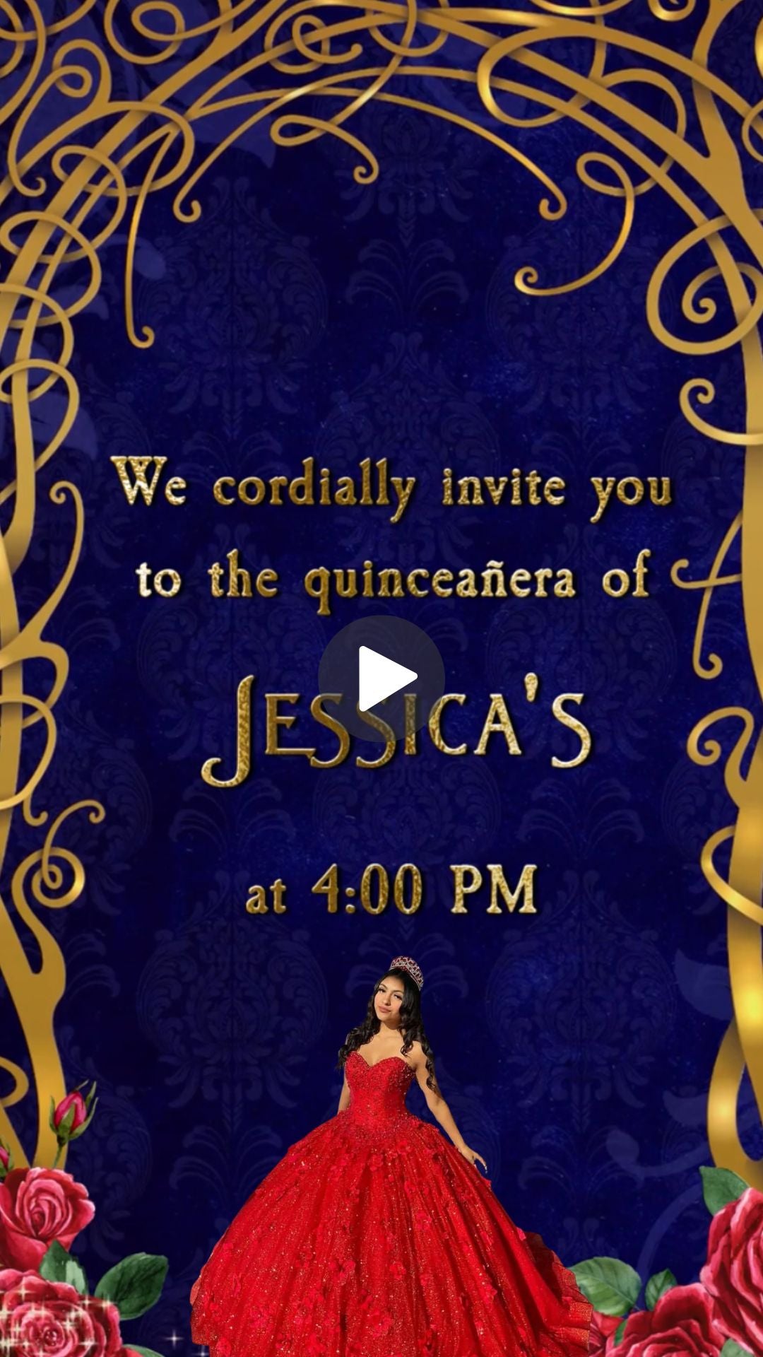 Beauty and the Beast Quinceañera Video Invitations - Red Dress Theme Sweet 15 Enchanted Rose Quince Años Invite