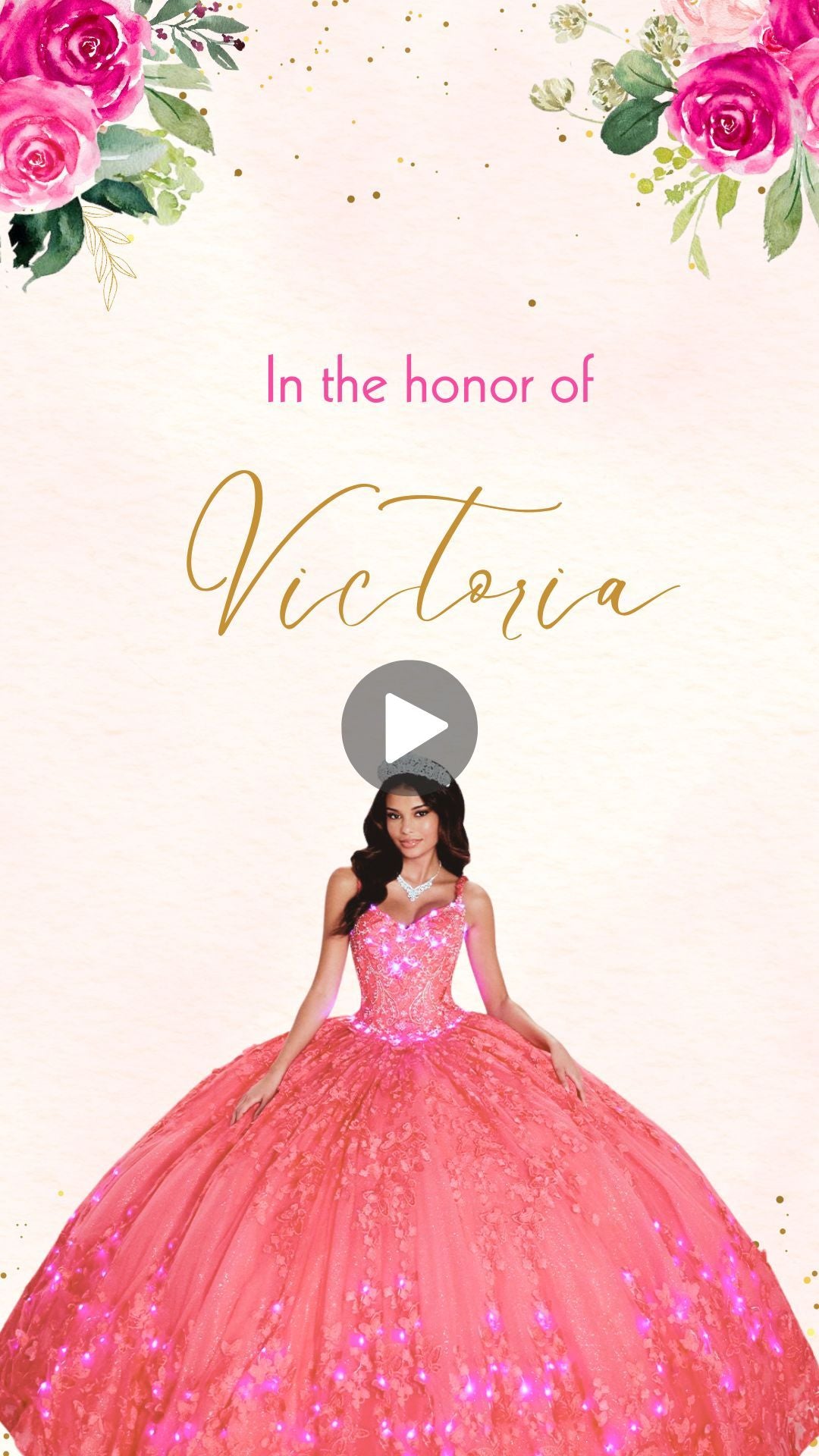 Hot Pink Floral Quinceañera Video Invitation - Hot Pink Floral Theme Quinceañera Digital Invite