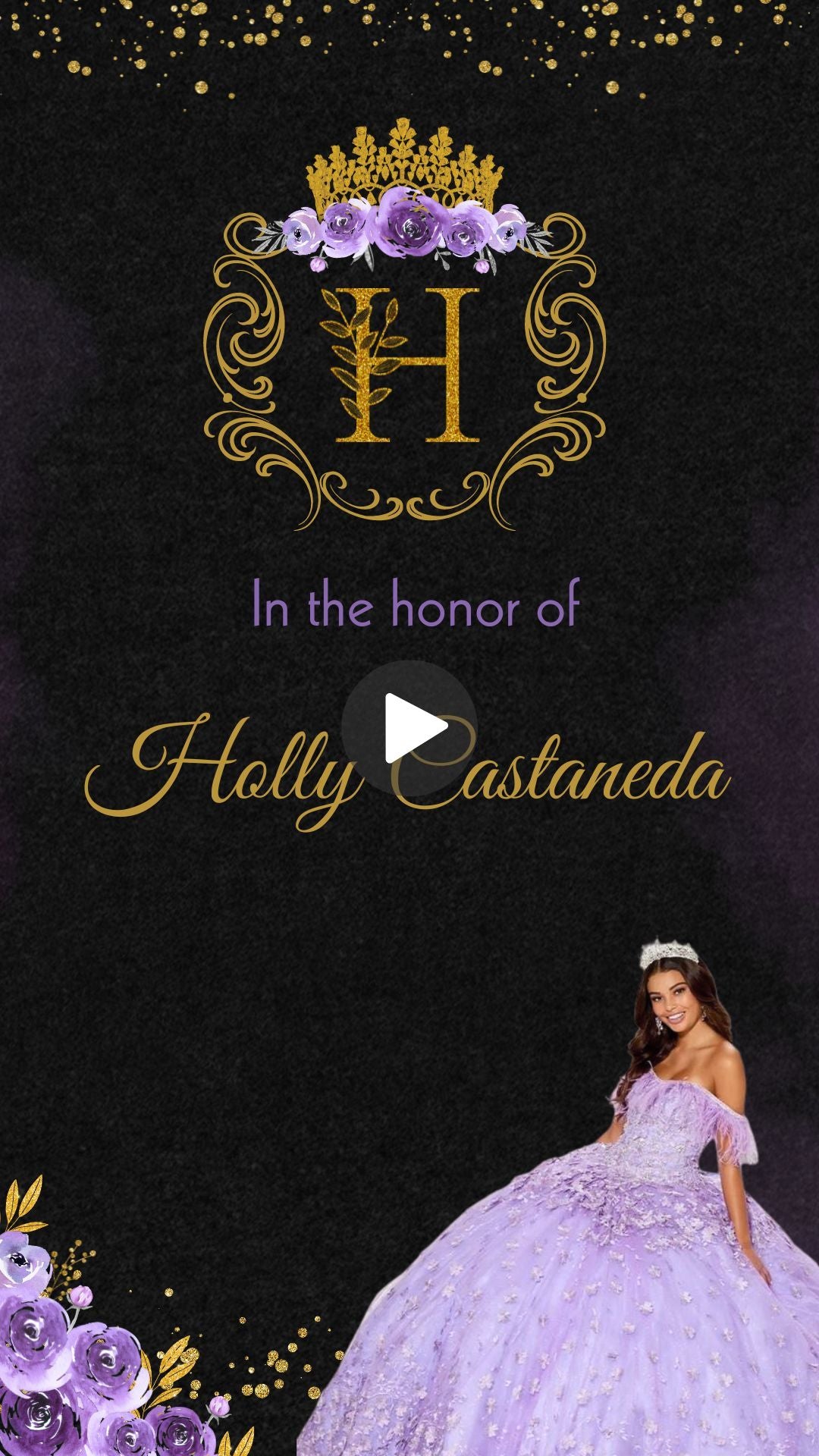 Lavender Quinceañera Princess Video Invitation - Quinceañera Black, Purple, & Gold Theme Digital Invite