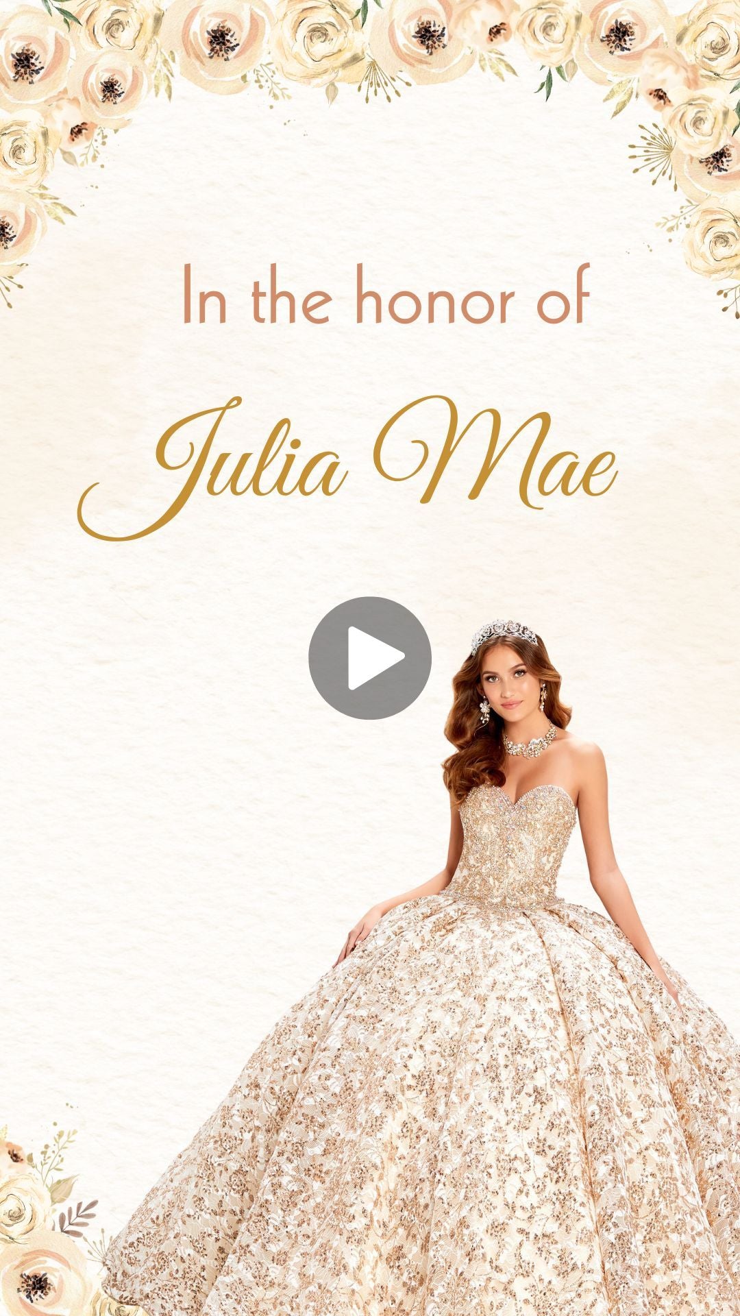 Champagne Cream Gold Flowers Quinceañera Video Invitation - Quinceañera Cream Gold Flowers Theme Digital Invite