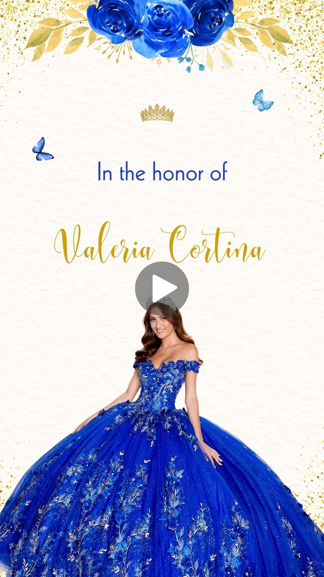 Quinceañera Royal Blue & Gold Video Invitation -  Quinceañera Theme Royal Blue & Gold Digital Invite