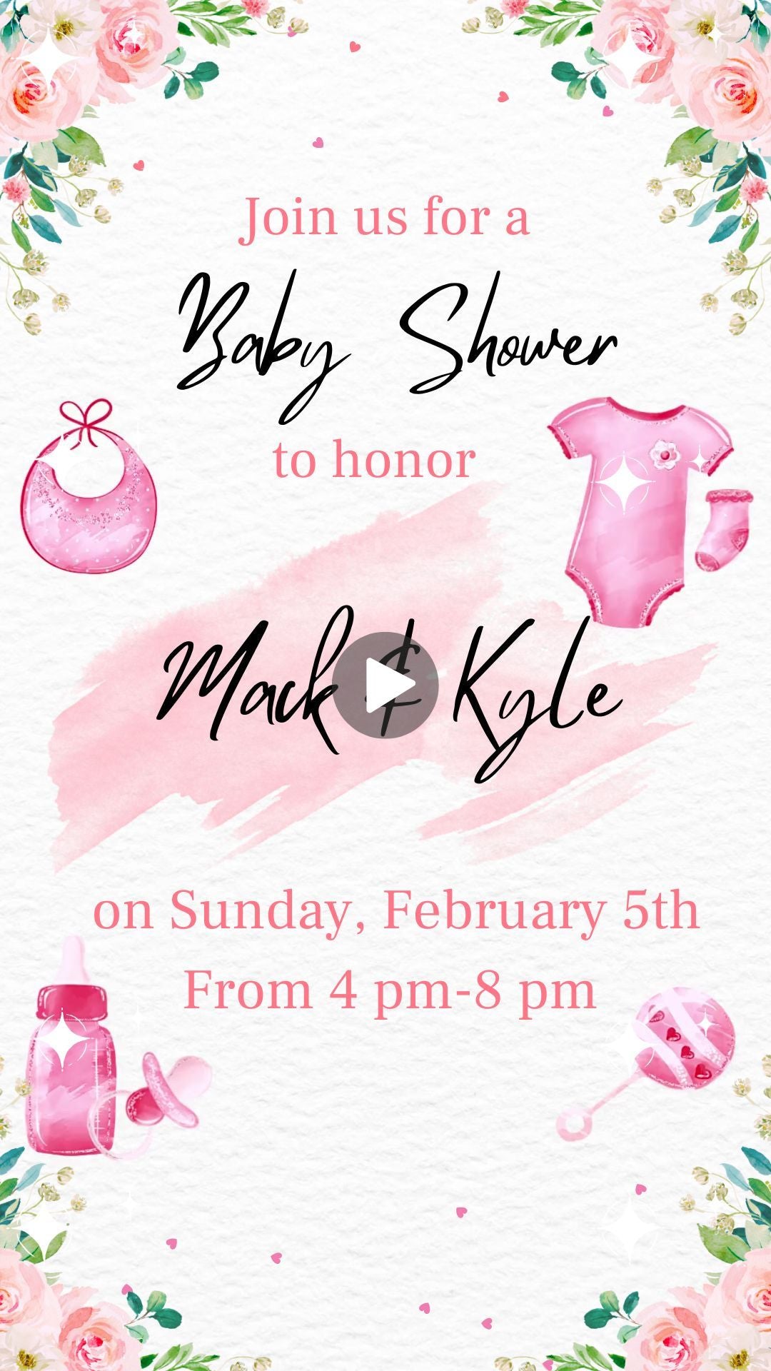 Sweet Heart Flowers Baby Shower Invitation - Sweet Heart Flowers Theme Party Invite