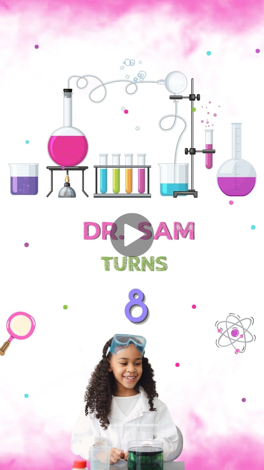 Invitación en vídeo a la fiesta de ciencias - Invitación de cumpleaños con tema de fiesta de ciencias para niñas