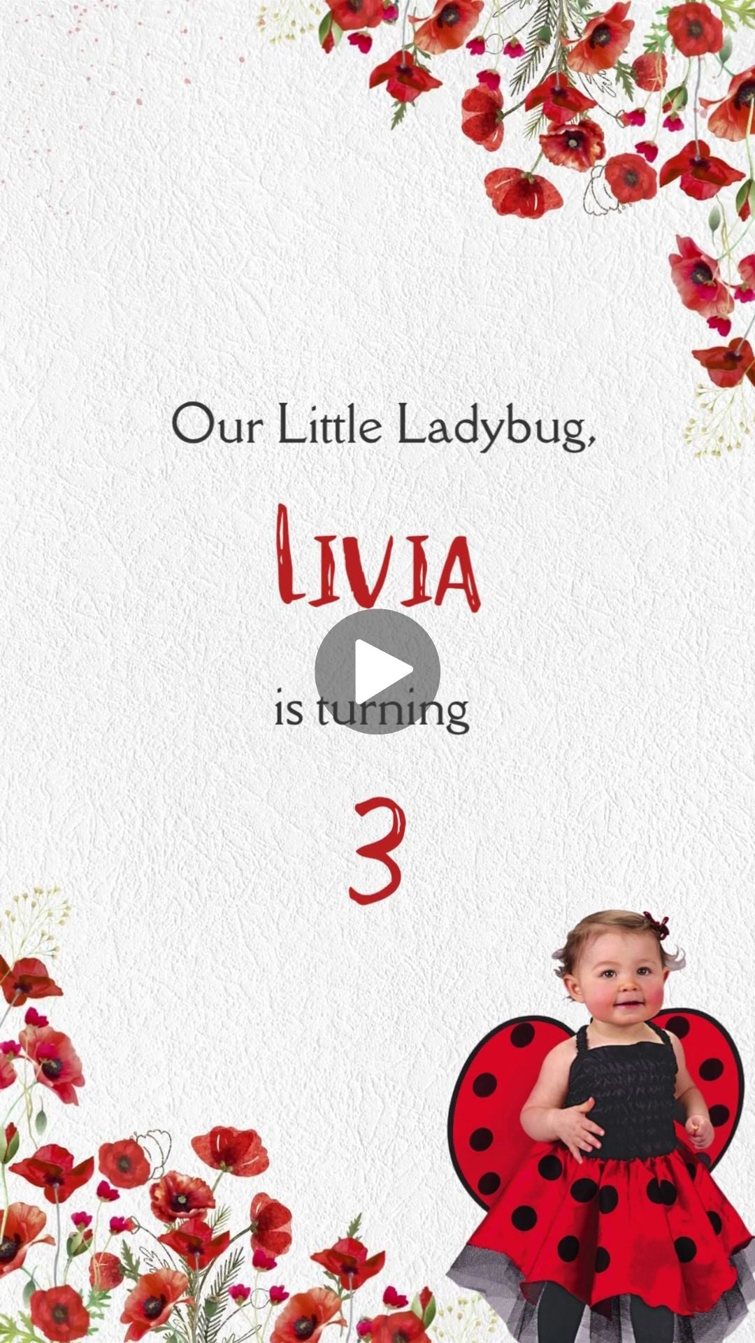 Ladybug &amp; Poppy Seed Flowers Birthday Video Invitation - Ladybug Theme Digital Birthday Party Invite