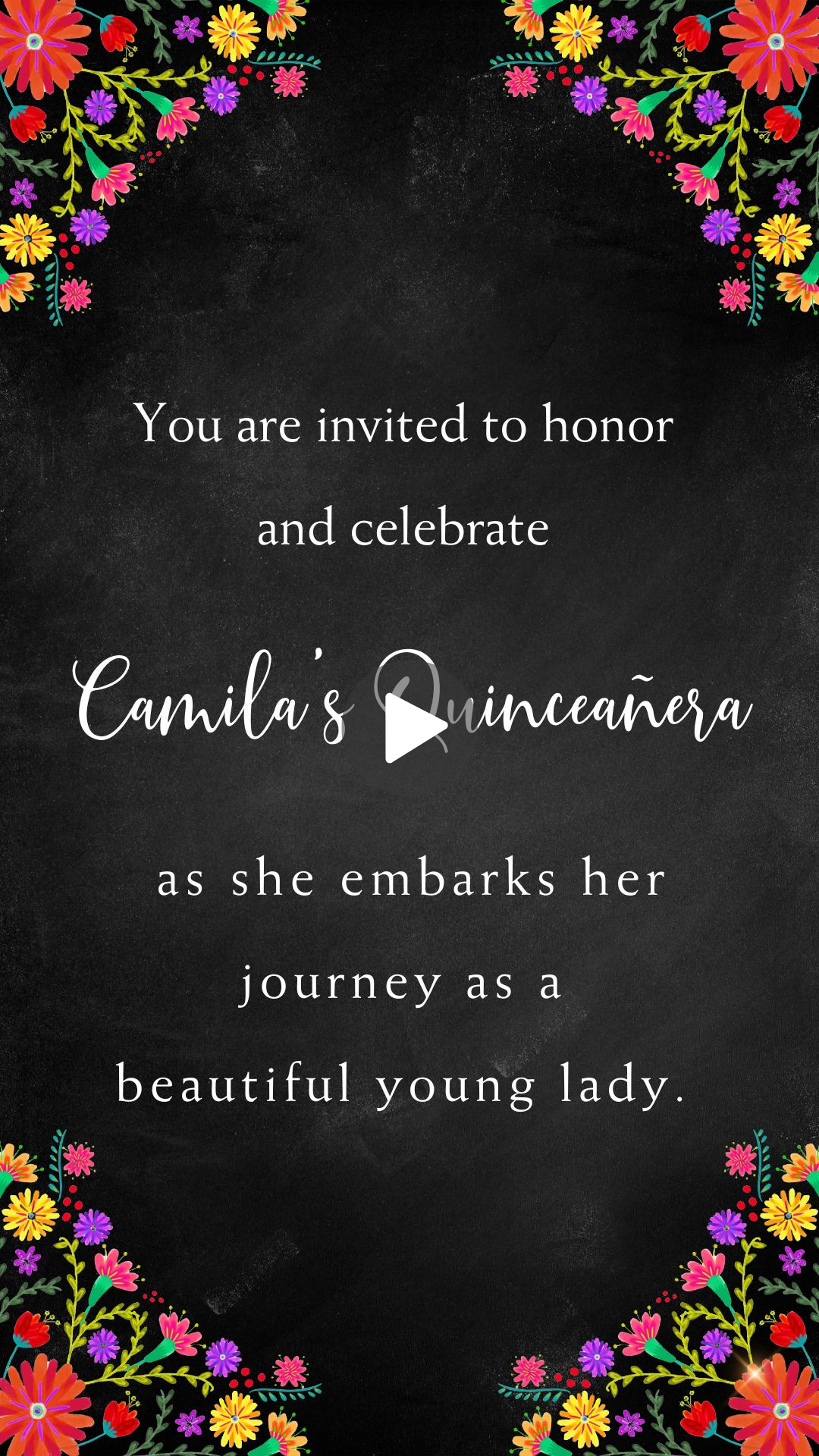 Mexican Fiesta Floral Black Quinceañera Invitations | Elegant &amp; Festive 15th Birthday Invites | Black Mexican Fiesta Folk Art Floral Quinceañera Invitation