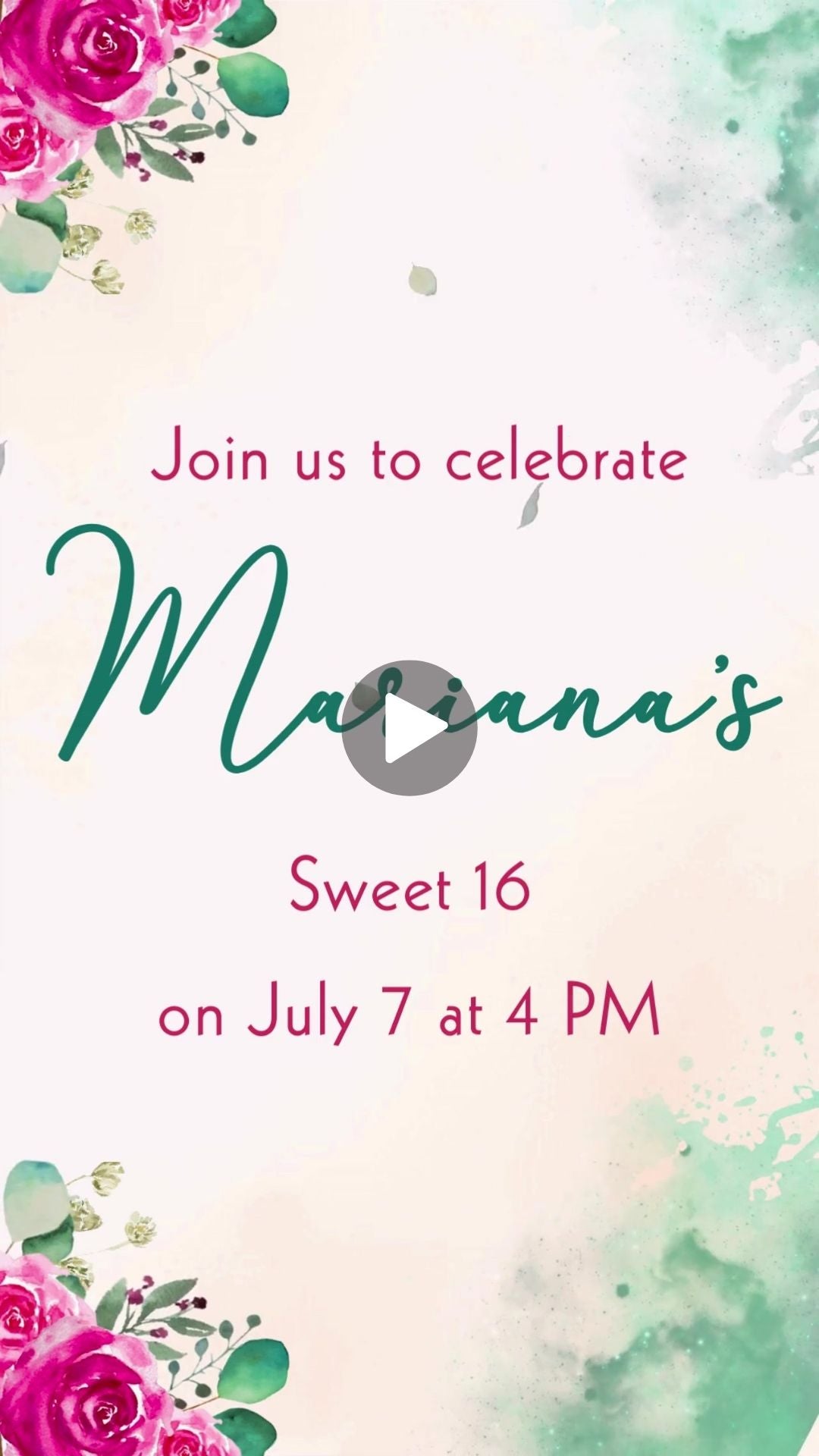 Hot Pink Flower &amp; Emerald Green Sixteen Birthday Video Invitaiton - Hot Pink Flower &amp; Emerald Green Theme Birthday Digital Invite | Canva Template | Instant Download