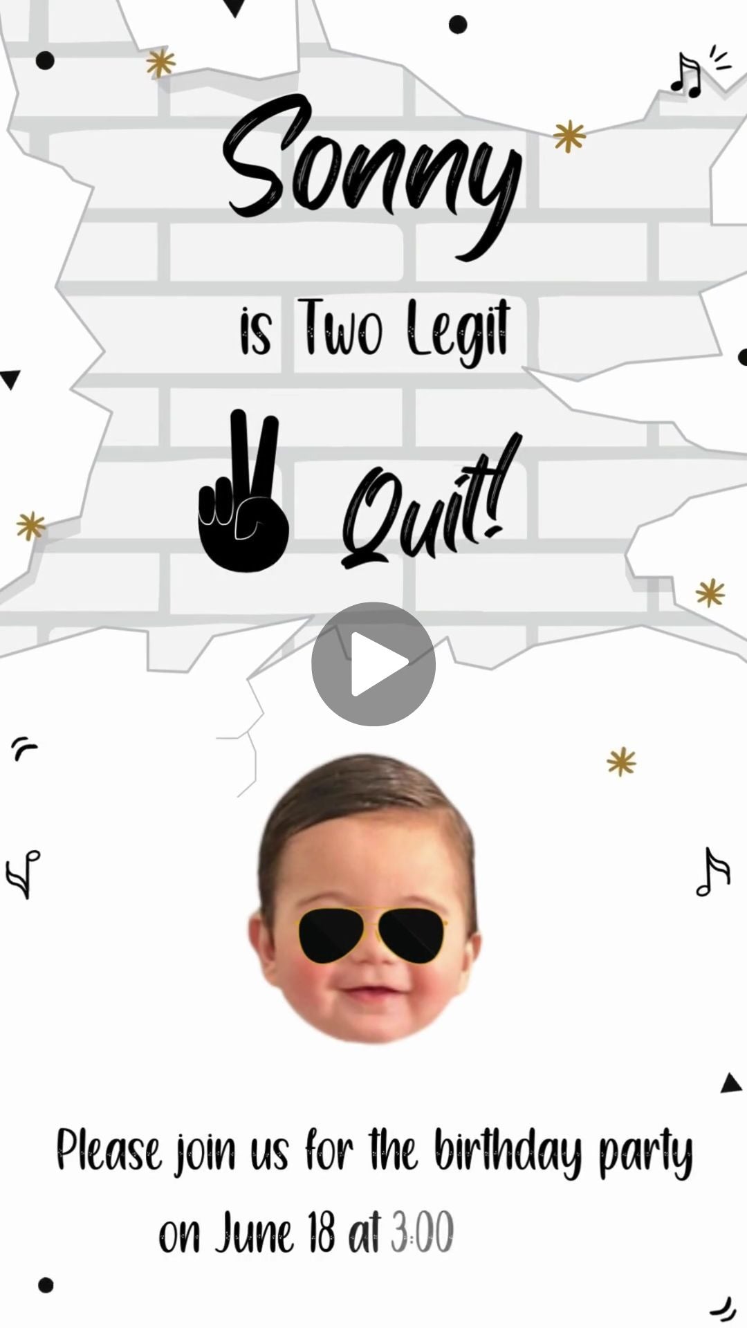 Two Legit To Quit 2nd Birthday Video Invitation - Two Legit Theme Birthday Party Invite