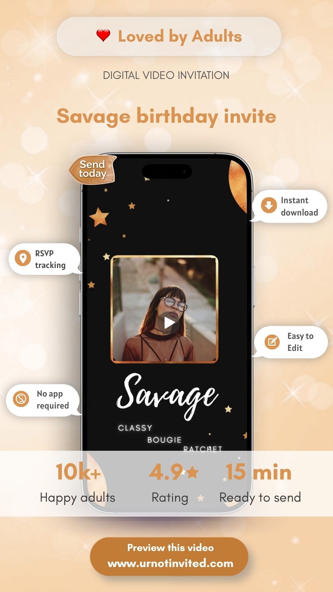Savage Classy Bougie Ratchet Birthday Video Invitation – Adult Birthday Party Digital Invite | canva template | instant download
