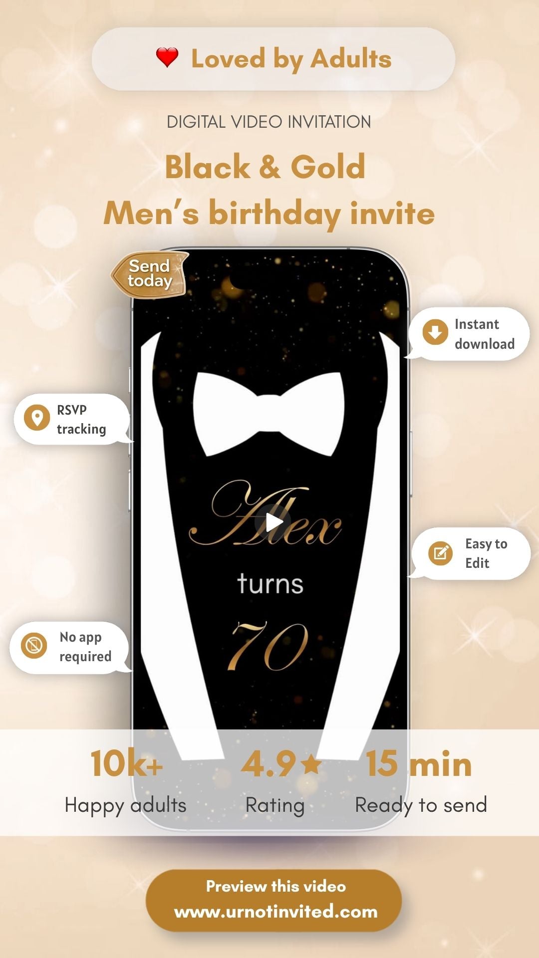 Men Black and Gold Birthday Video Invitation – Luxury Adult Party Animated Digital Invite | canva template | instant download
