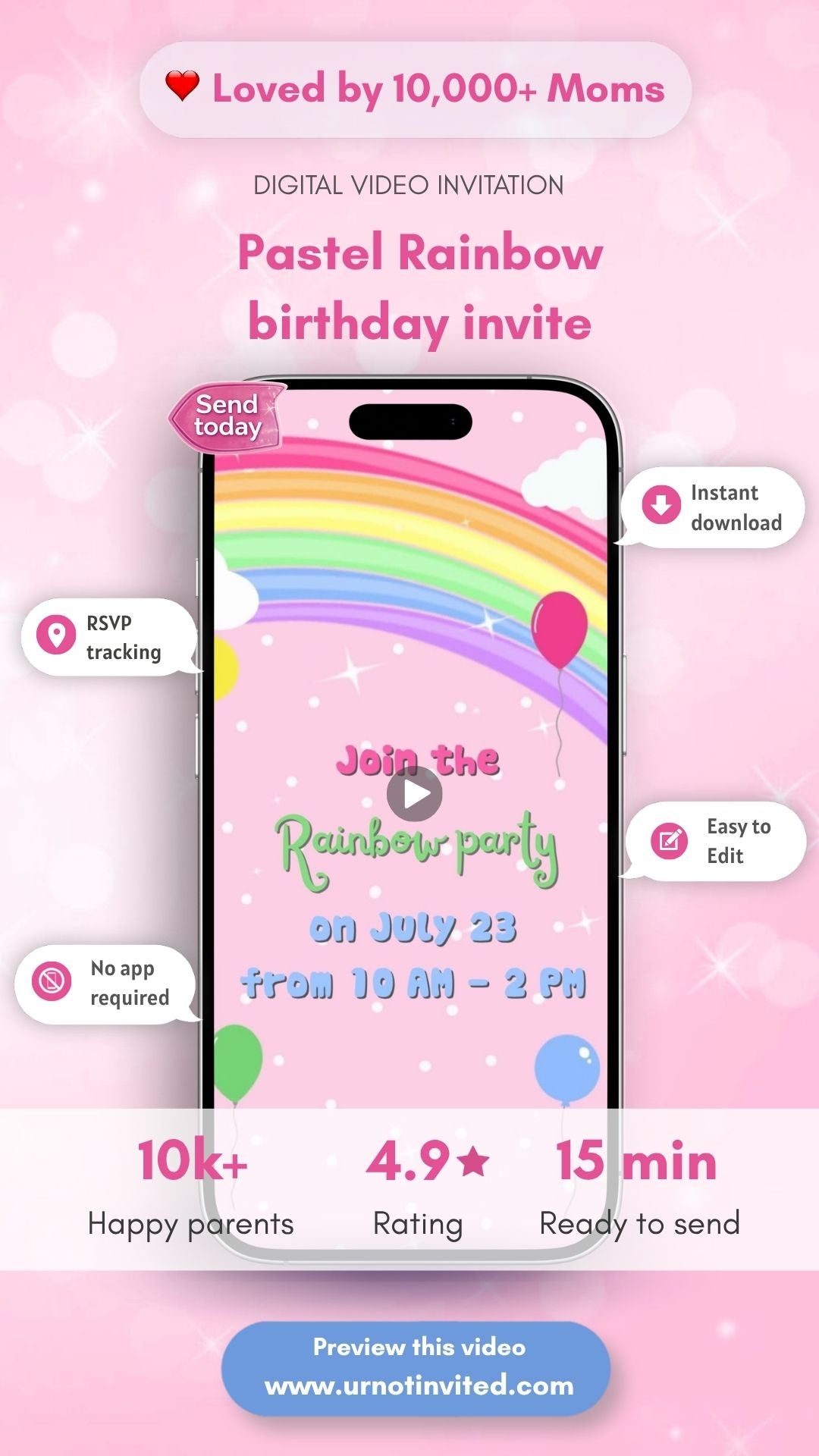 Rainbow Birthday Video Invitation - Rainbow Magical Theme Birthday Party Invite | Canva Template | Instant Download