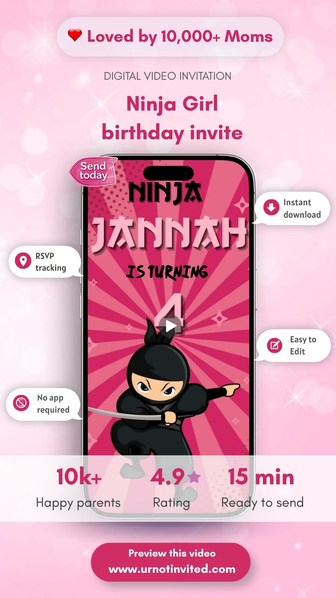Ninja Girl Birthday Video Invitation -  Girl Ninja Pink Theme Party Invite - Kids ninja party invitation | Canva Template | Instant Download