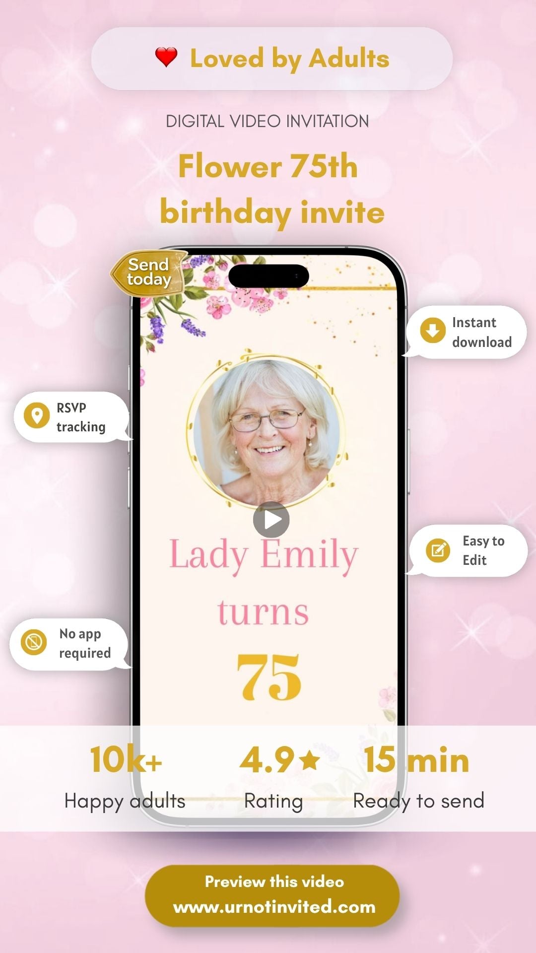 Flower 75th Birthday Invitation - 75th Floral Lady's Birthday Invite | Canva Template | Instant Download