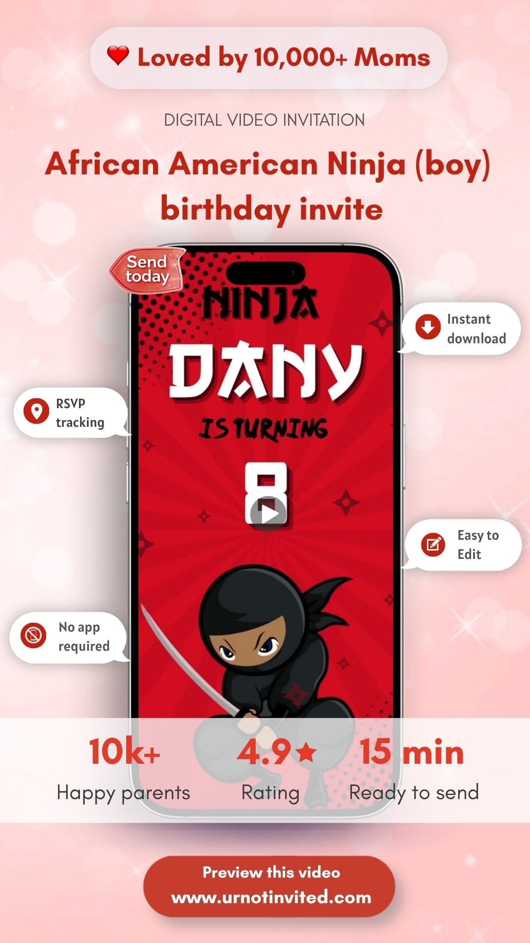 African American Ninja Boy Birthday Invitation – Kids Ninja Theme Party Digital Invite | canva template | instant download