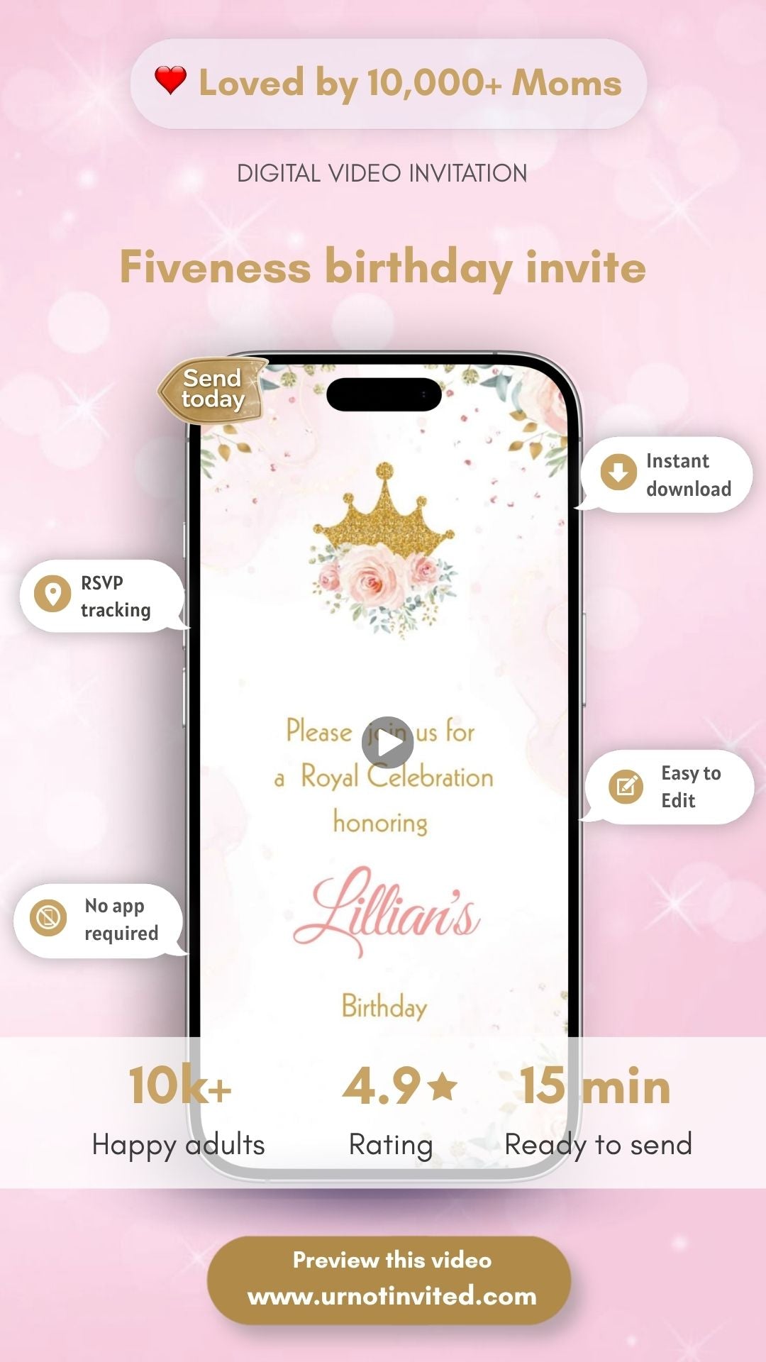 Fiveness Birthday Video Invitation - Royal Fiveness Theme Party Invite | Canva template | Instant download