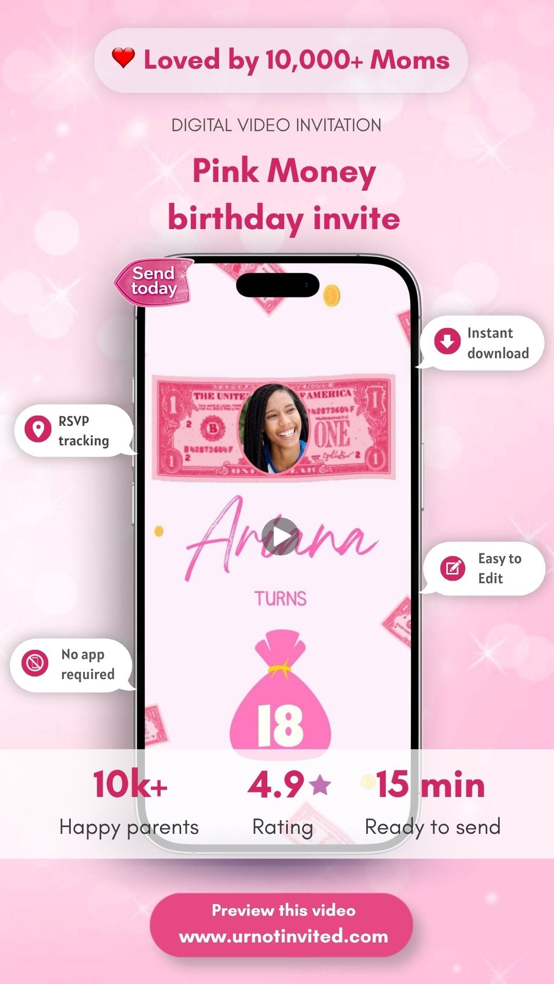 Pink Money Invitation - Dollars and Pounds Birthday Party Invite | Canva Template | Instant Download