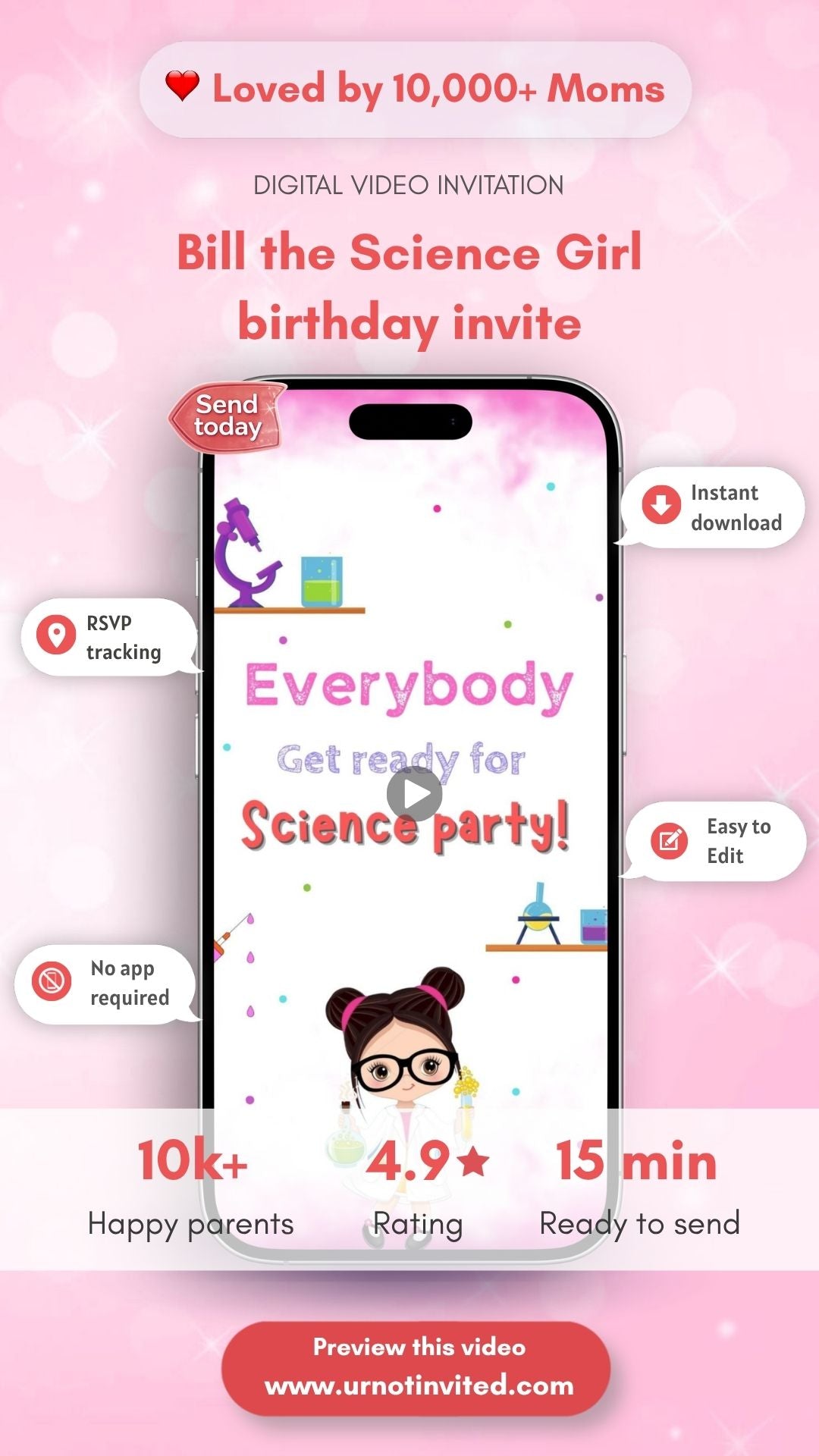 Bill the Science Girl Birthday Party Video Invitation - Girl Science Party Theme Birthday Invite | Canva Template | Instant Download