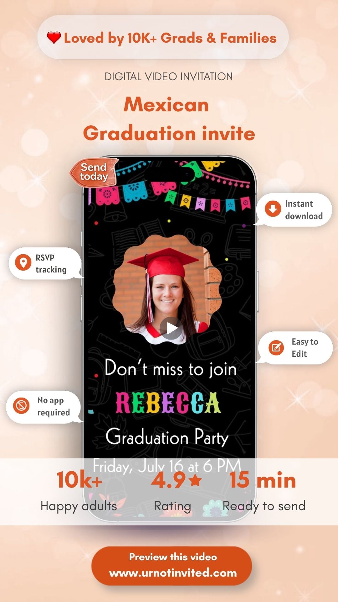 Mexican Graduation Video Invitation - Fiesta Mexican Grad Party Theme Invite  | Class of 2026 Invite | Canva Template | Instant Download