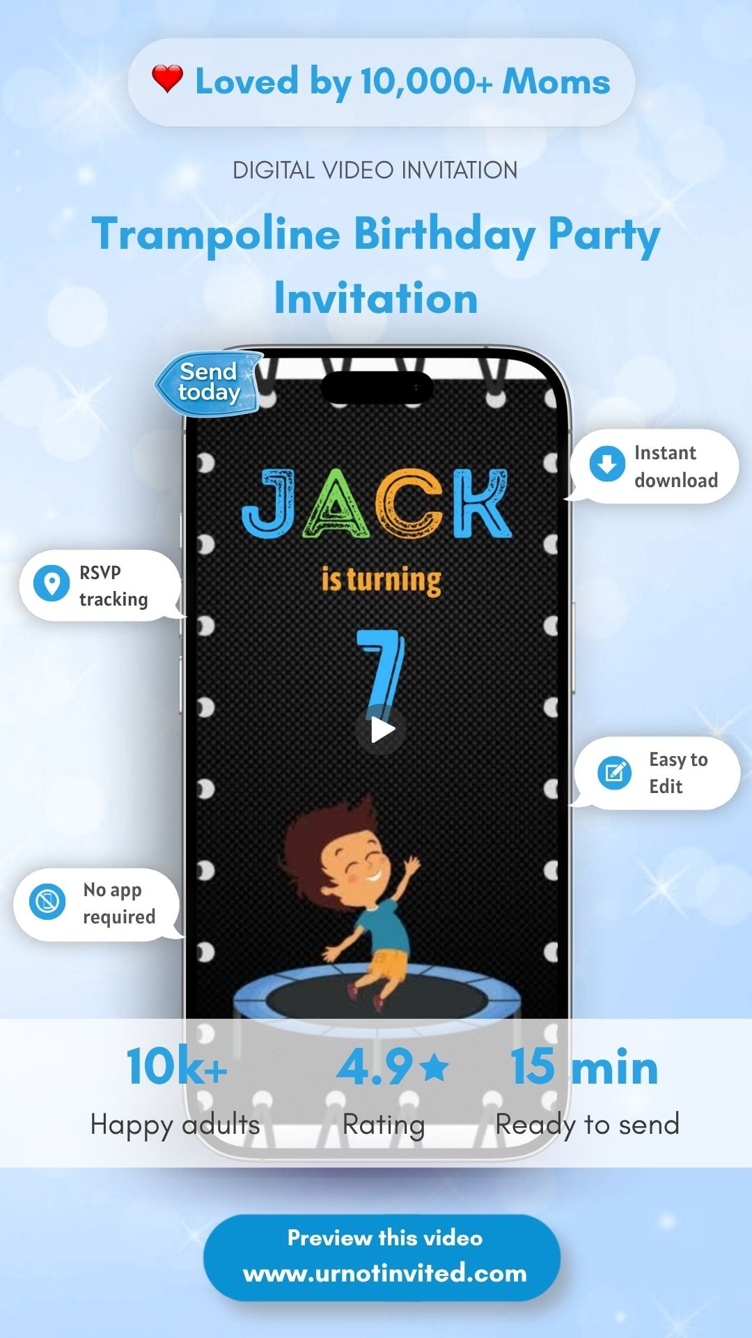 Trampoline Boy Birthday Party Invitation - Trampoline Fun-filled Birthday Party Invite | Canva Template | Instant Download