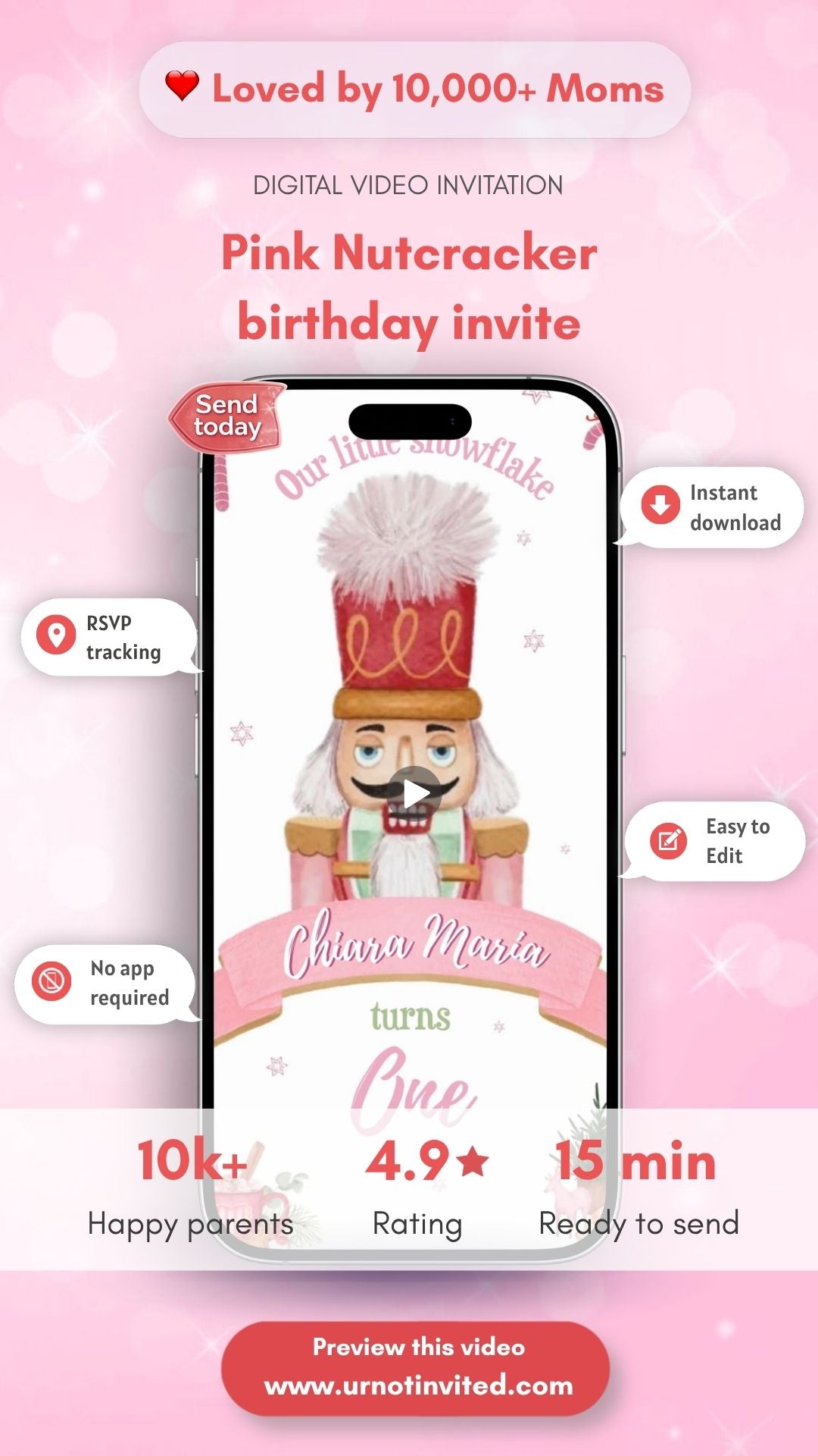 Nutcracker Pink Birthday Video Invitation – Ballet Theme Animated Digital Invite | Canva Template | Instant Download