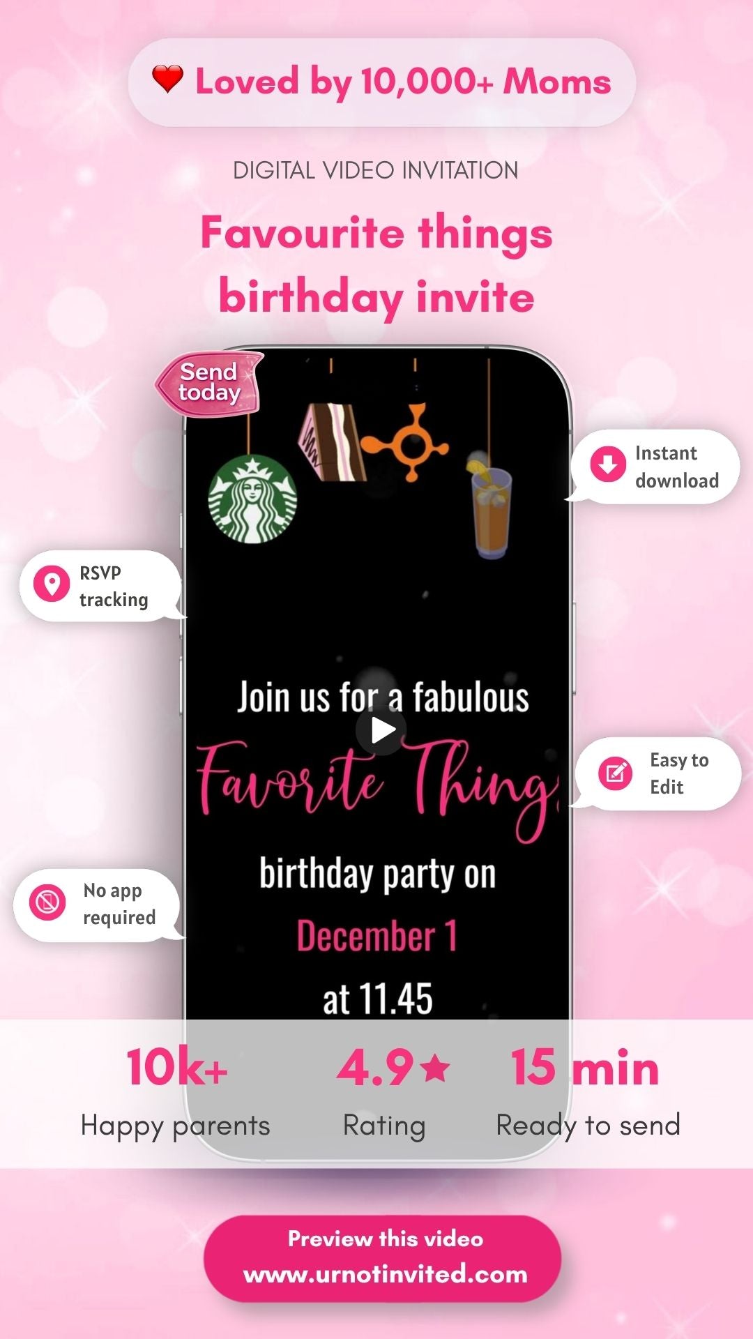 Favourite Things Birthday Video Invitation - Favourite Things Theme Party Digital Invite | Canva Template | Instant Download