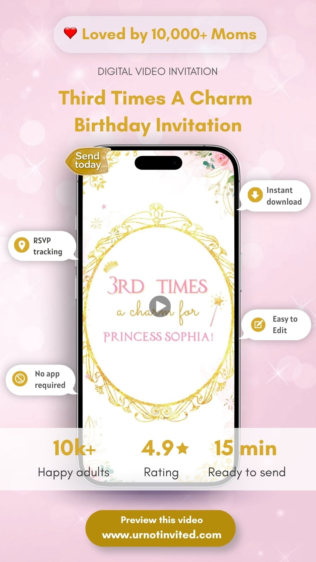 Third Times A Charm Birthday Video Invitation -  Three Times A Charm Theme Party Invite | Canva Template | Instant Download