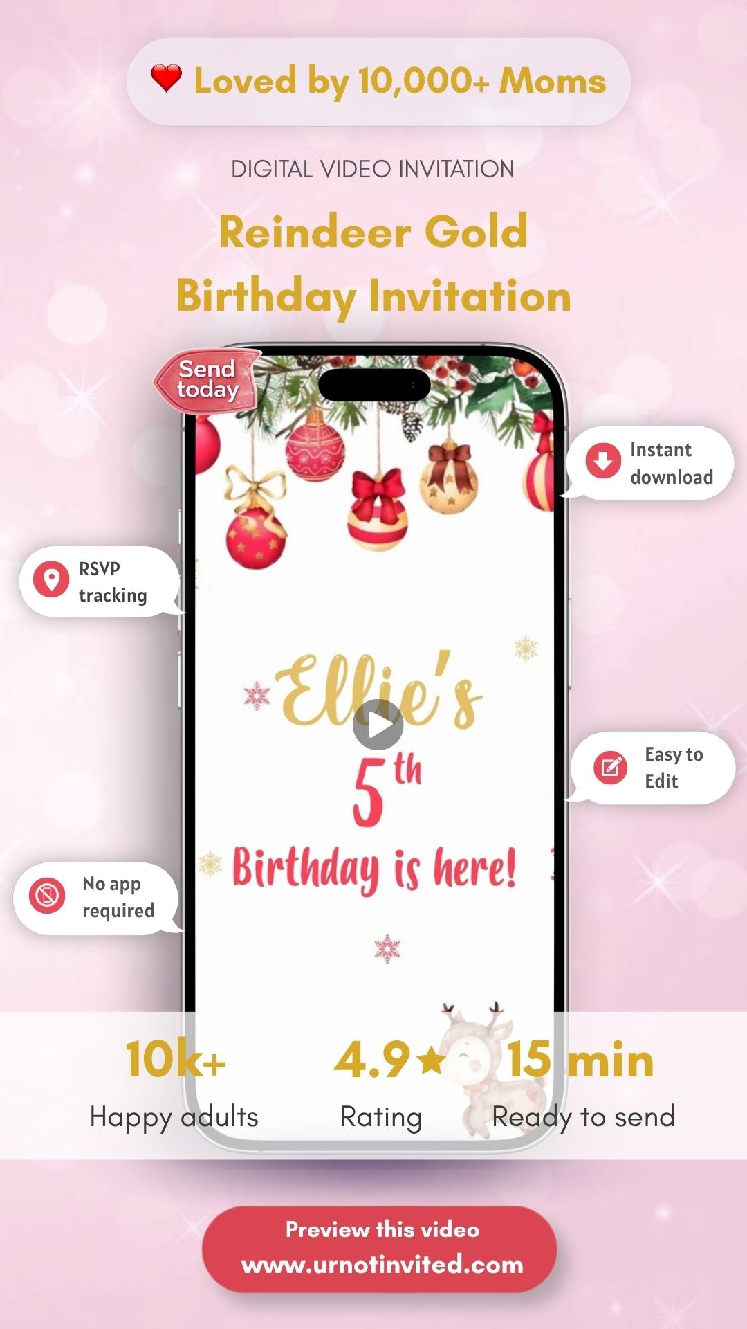 Reindeer Birthday Gold Invitation - Oh Deer Reindeer Theme Birthday Party Invite | Canva Template | Instant Download