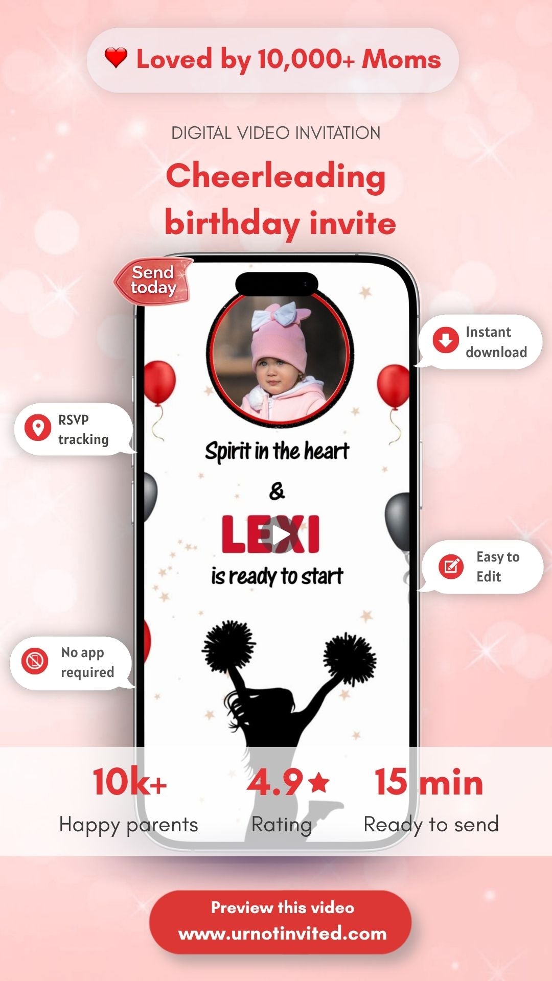 Cheerleading Birthday Video Invitation - Cheerleading Theme Cheer Up Party Digital Invite | Canva Template | Instant Download