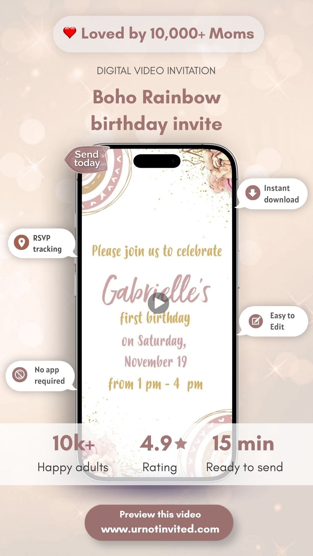 Boho Rainbow Birthday Invitation - Isn’t She Lovely, Isn’t She 0ne Derful Birthday Invite | Canva Template | Instant Download