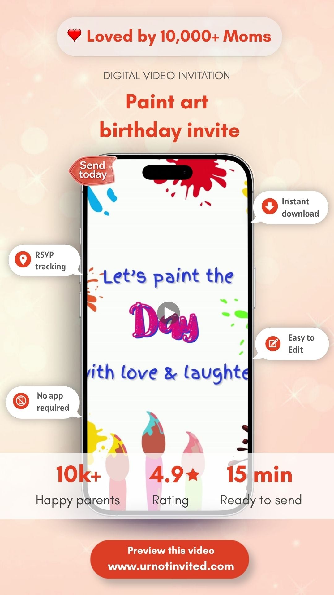 Paint Art Birthday Video Invitation - Paint Art Theme Party Digital Invite | Canva Template | Instant Download