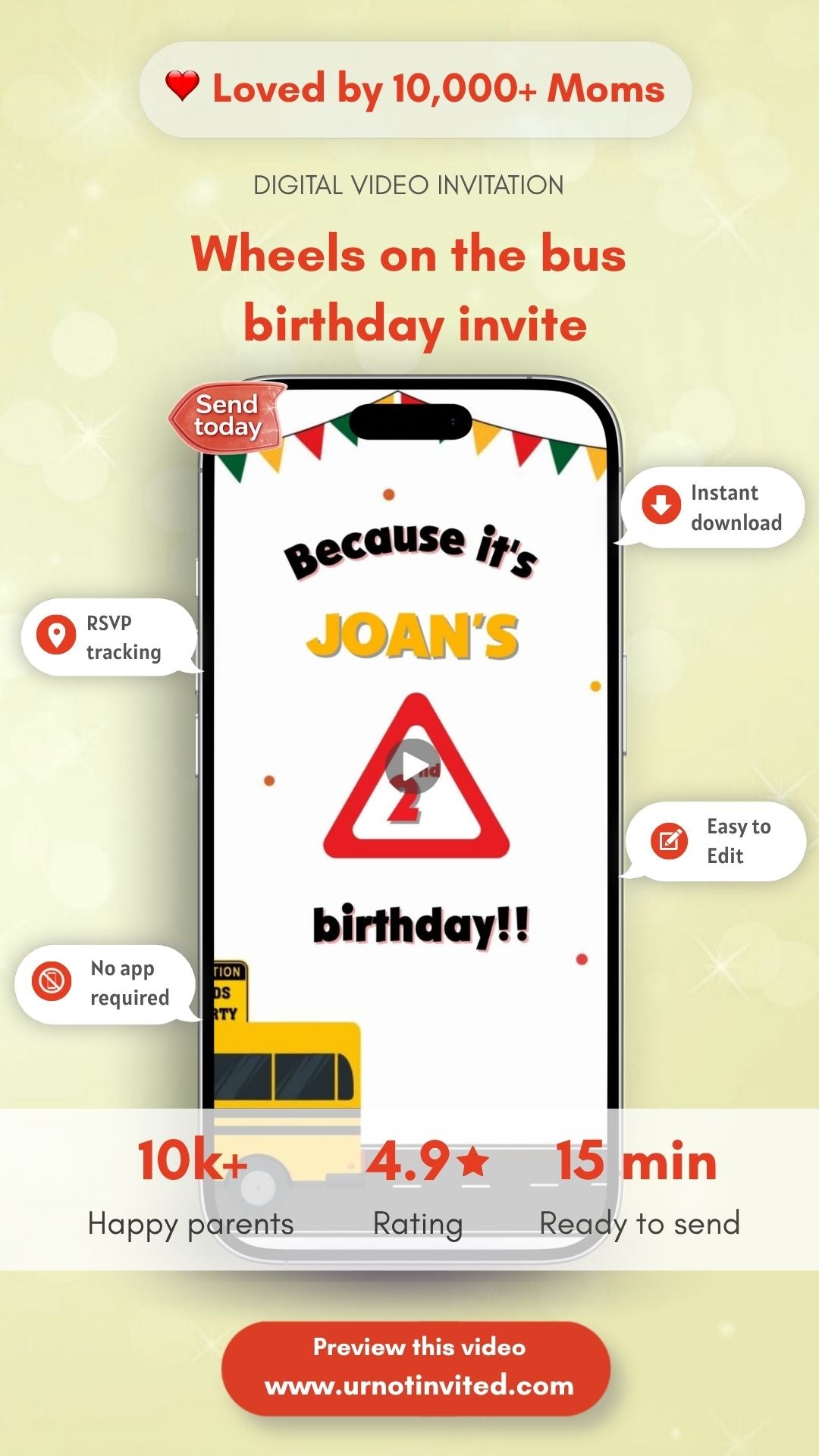 Wheels on the Bus Birthday Video Invitation - School Bus Theme Party Invite | Canva Template | Instant Download