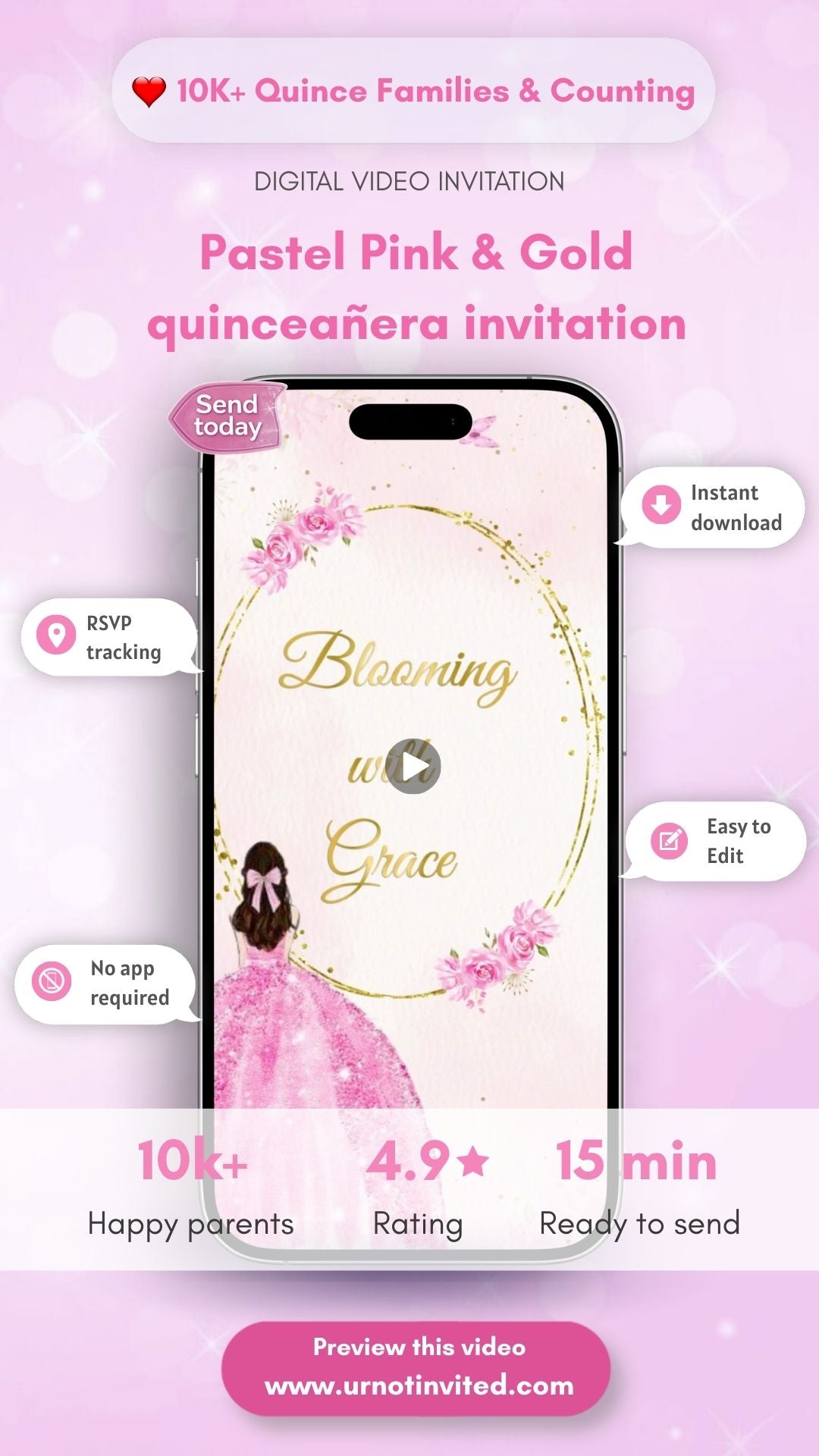 Pastel Pink  &amp; Gold Quinceanera Video Invitation - Pastel Pink  &amp; Gold Quinceanera Theme Digital Invite | Canva Template | Instant Download