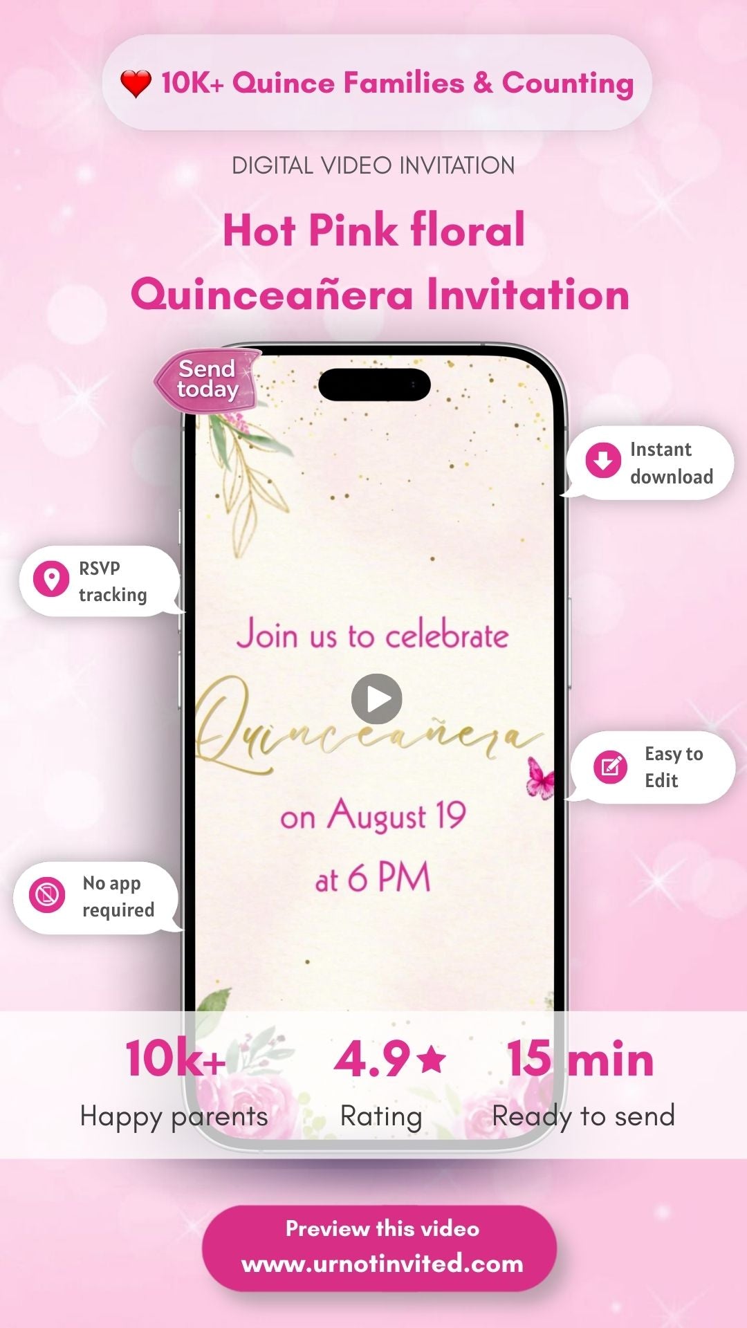 Hot Pink Floral Quinceañera Video Invitation – Floral Princess Theme | Canva Template | Instant Download