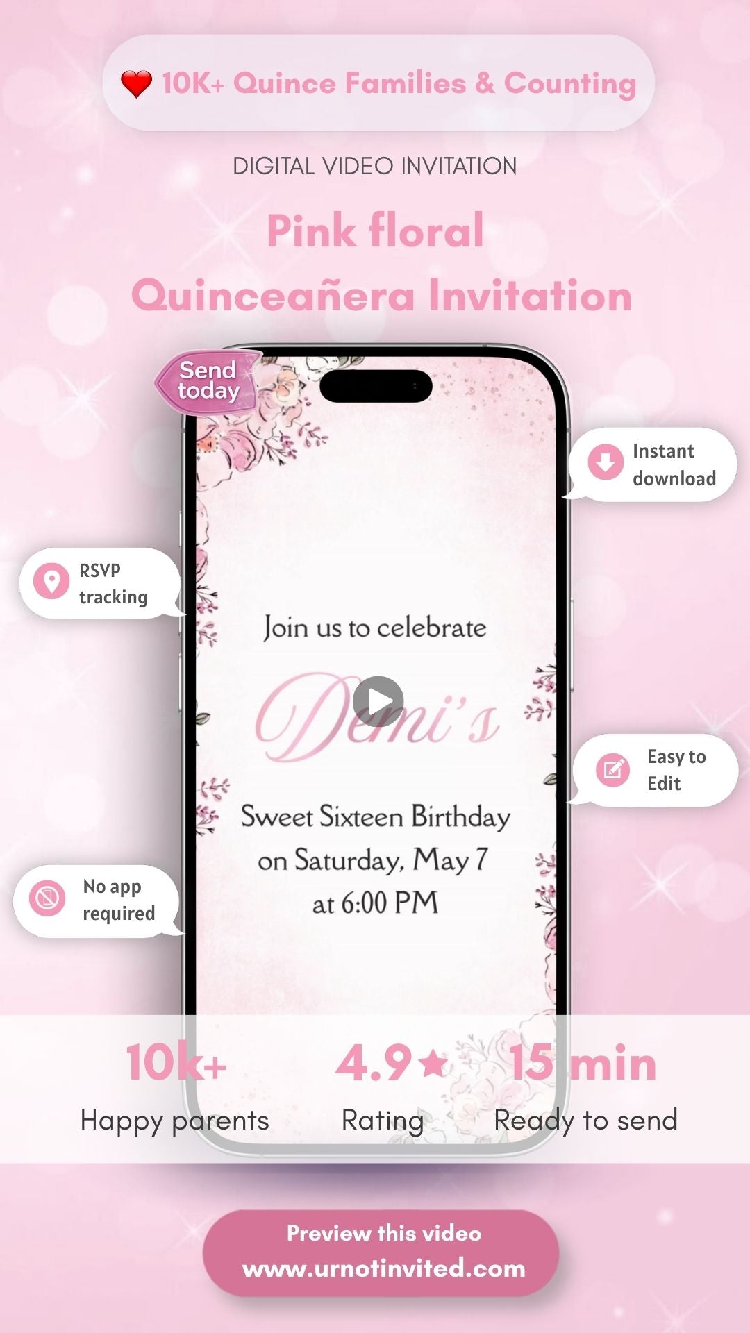 Pink Bloom Quinceañera Video Invitation | Pink Floral Quince Invite | Elegant Rose Blossom Quinceañera Party Invite | Soft Pink Quinceañera Digital Invitation | Canva Template | Instant Download