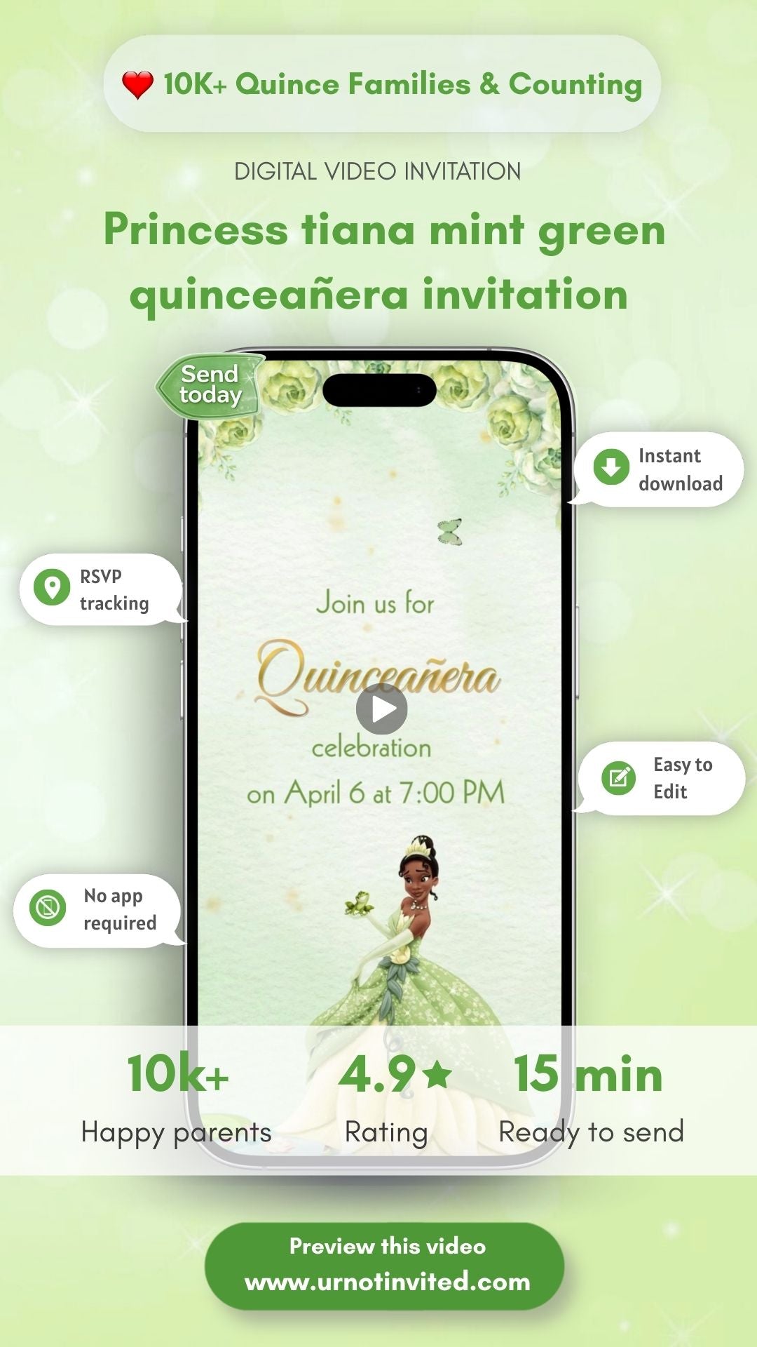 Princess Tiana Mint Green Quinceañera Video Invitation | Princess Quinceañera Theme | Digital Canva Template | Instant Download