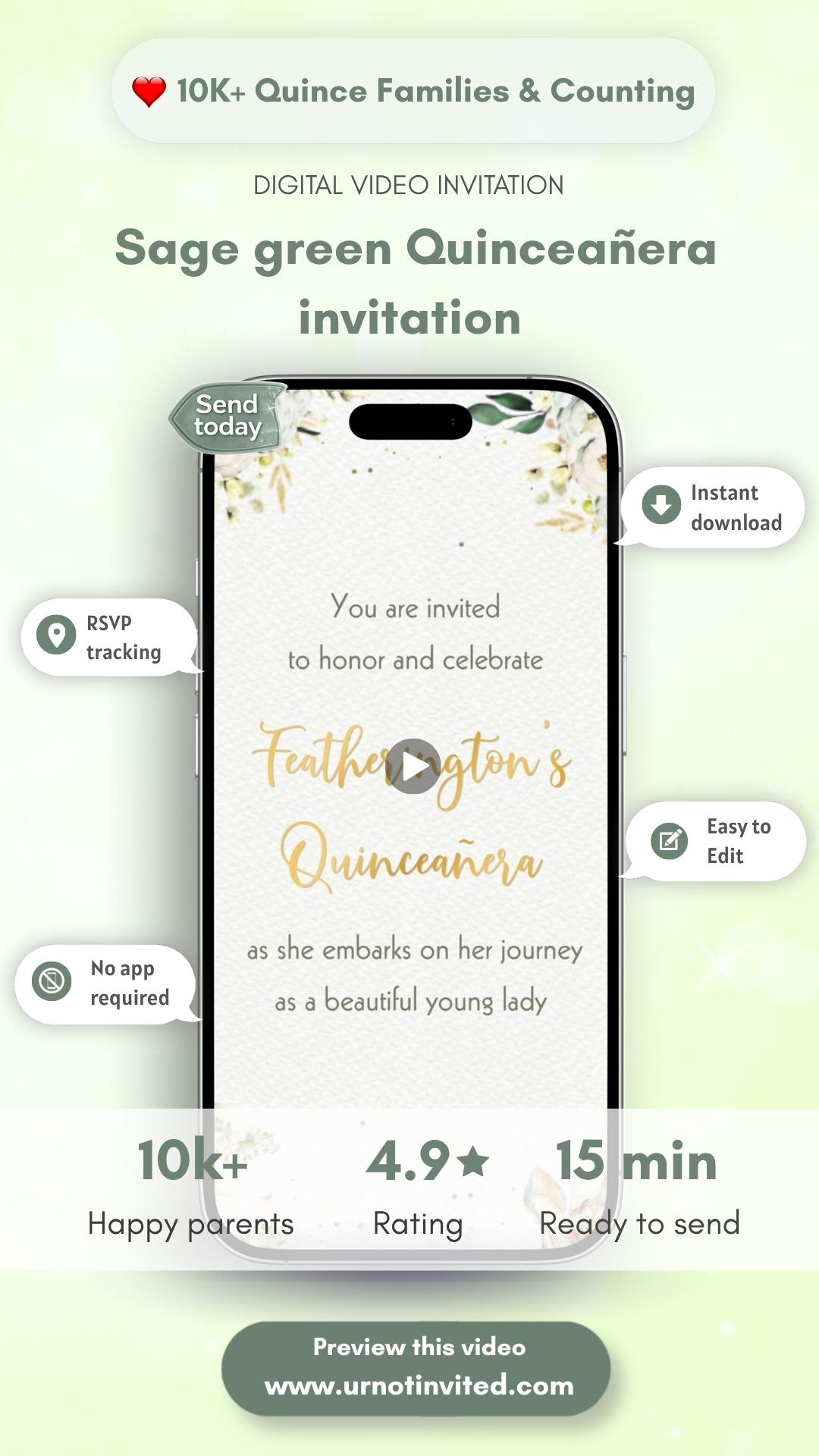 Sage Green Quinceañera Video Invitation - Sage Green Quinceañera Theme Quince Años Digital Invite