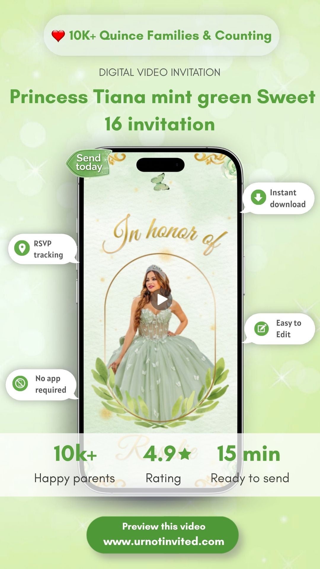 Mint Green Princess Sweet 16 Invitation Video | Elegant Fairy Tale Birthday Invite | Royal Gold Canva Template | Instant Download