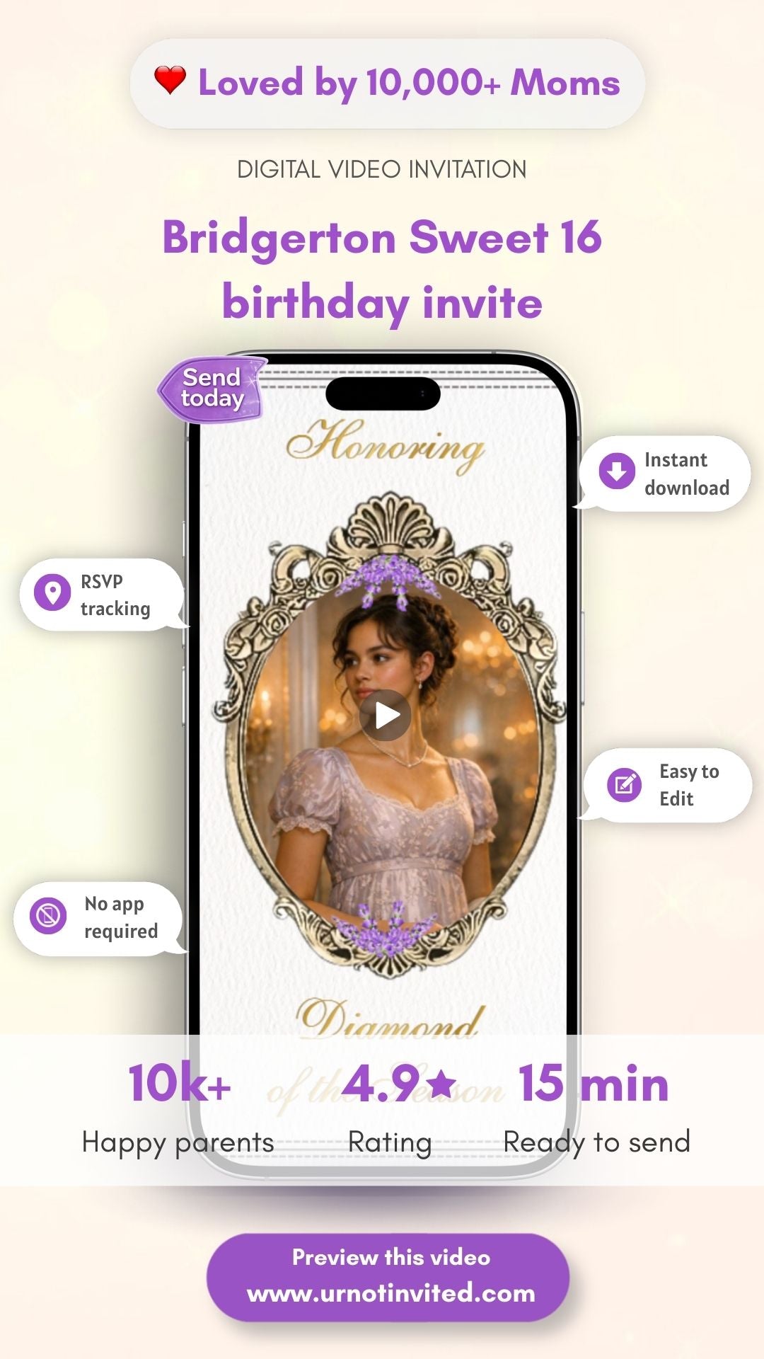 Bridgerton Sweet 16 Video Invitation | Regency Vintage Floral 16th Birthday Invite | Elegant Royal Party Canva Template | Instant Download