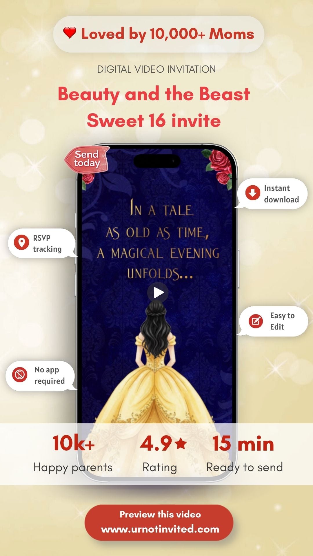 Beauty and Beast Sweet 16 Video Invite - Beauty and the Beast Theme sweet 16 Digital Invite | Canva Template | Instant Download