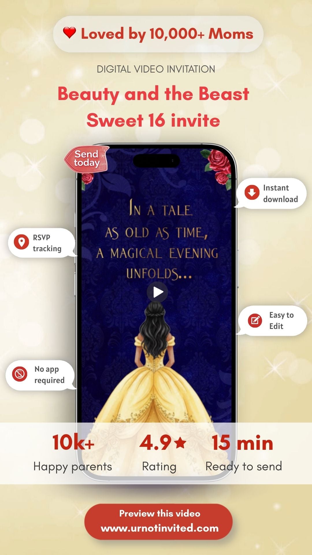 Beauty and the Beast Sweet 16 Invitation Video | Princess Birthday Invite for Girls | Fairy Tale 16th Canva Template | Instant Download