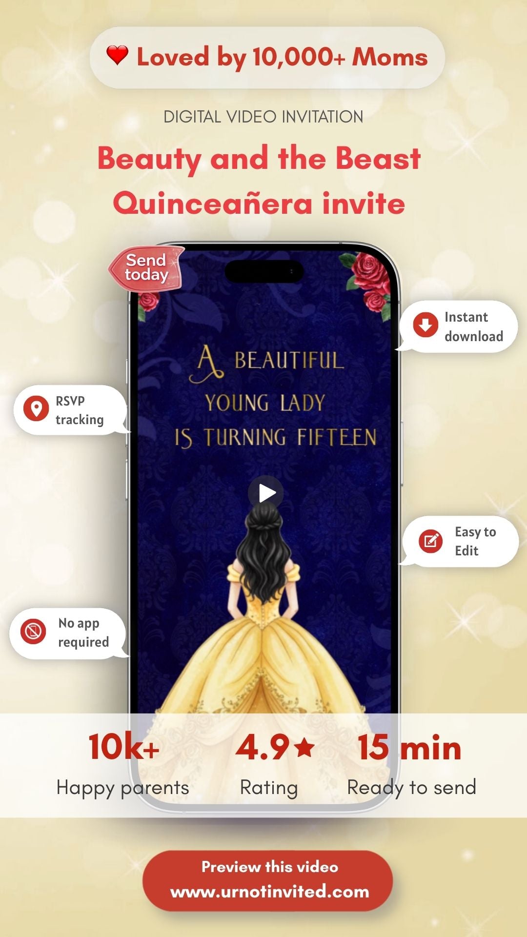 Beauty and Beast  quinceañera Video Invite - Beauty and the Beast Theme  quinceañera Digital Invite | Canva Template | Instant Download