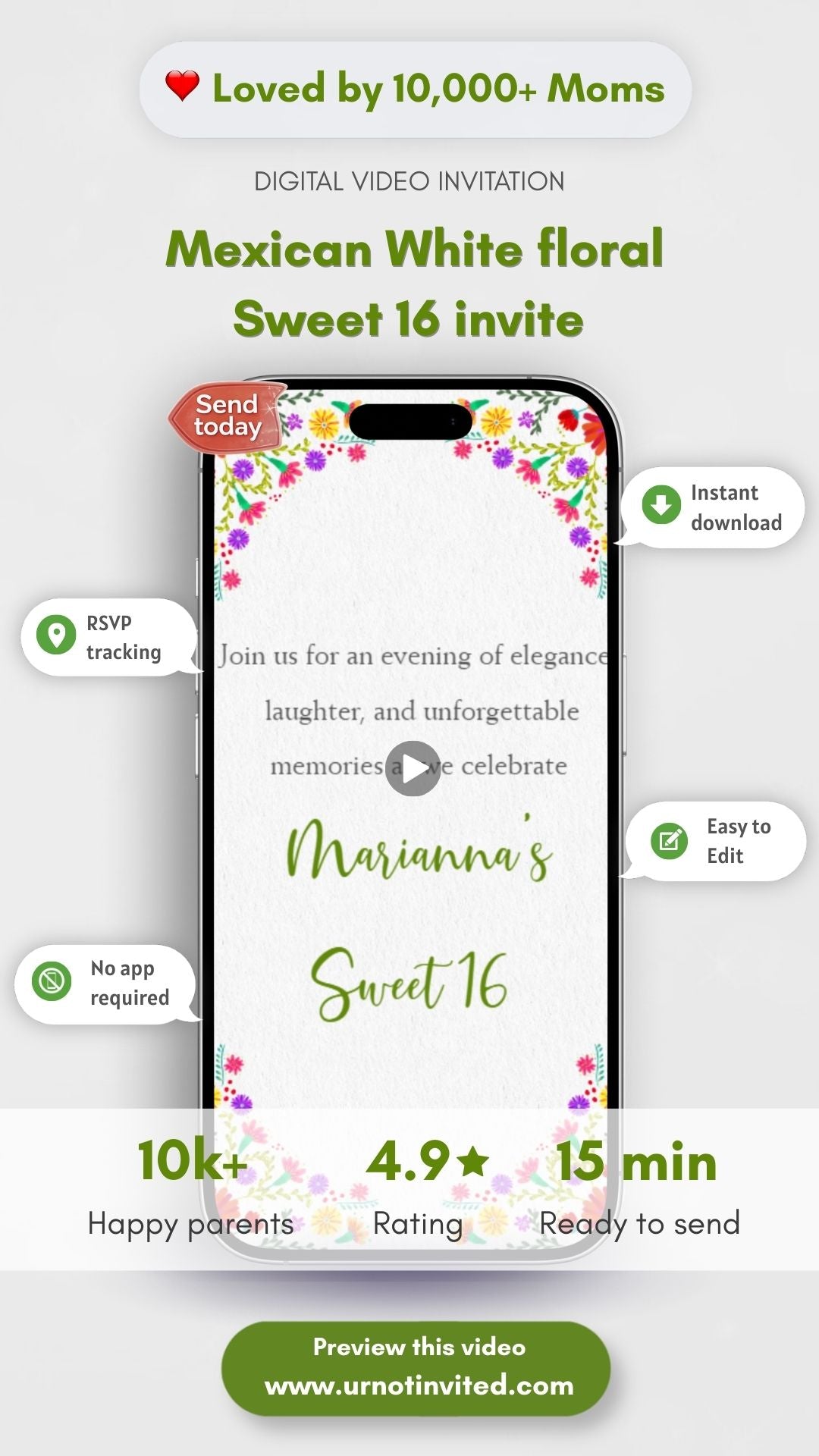 White Floral Sweet 16 Video Invitation Template – Elegant Mexican Theme Digital Invite