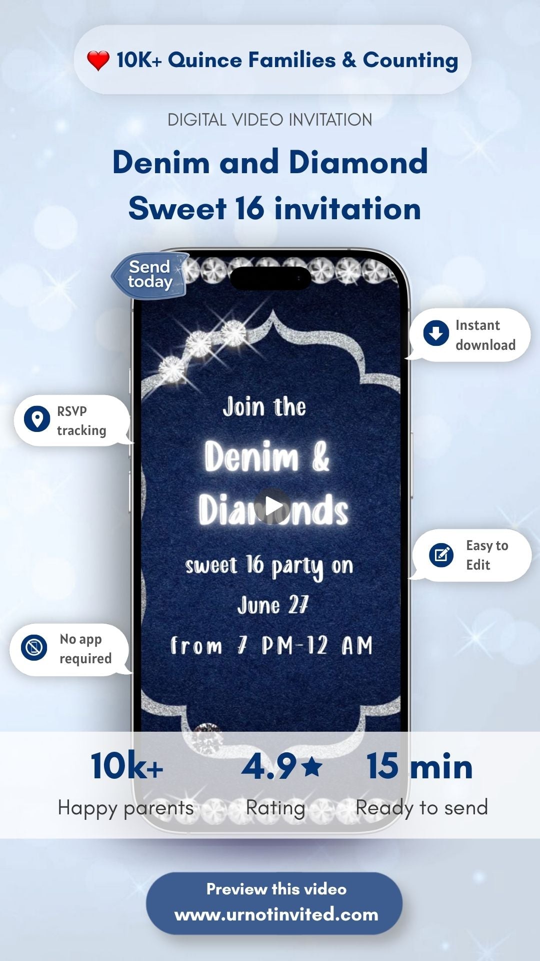 Denim & Diamond Sweet 16 Invitation - Denim & Diamond Theme Birthday Party Invite | Canva Template | Instant Download