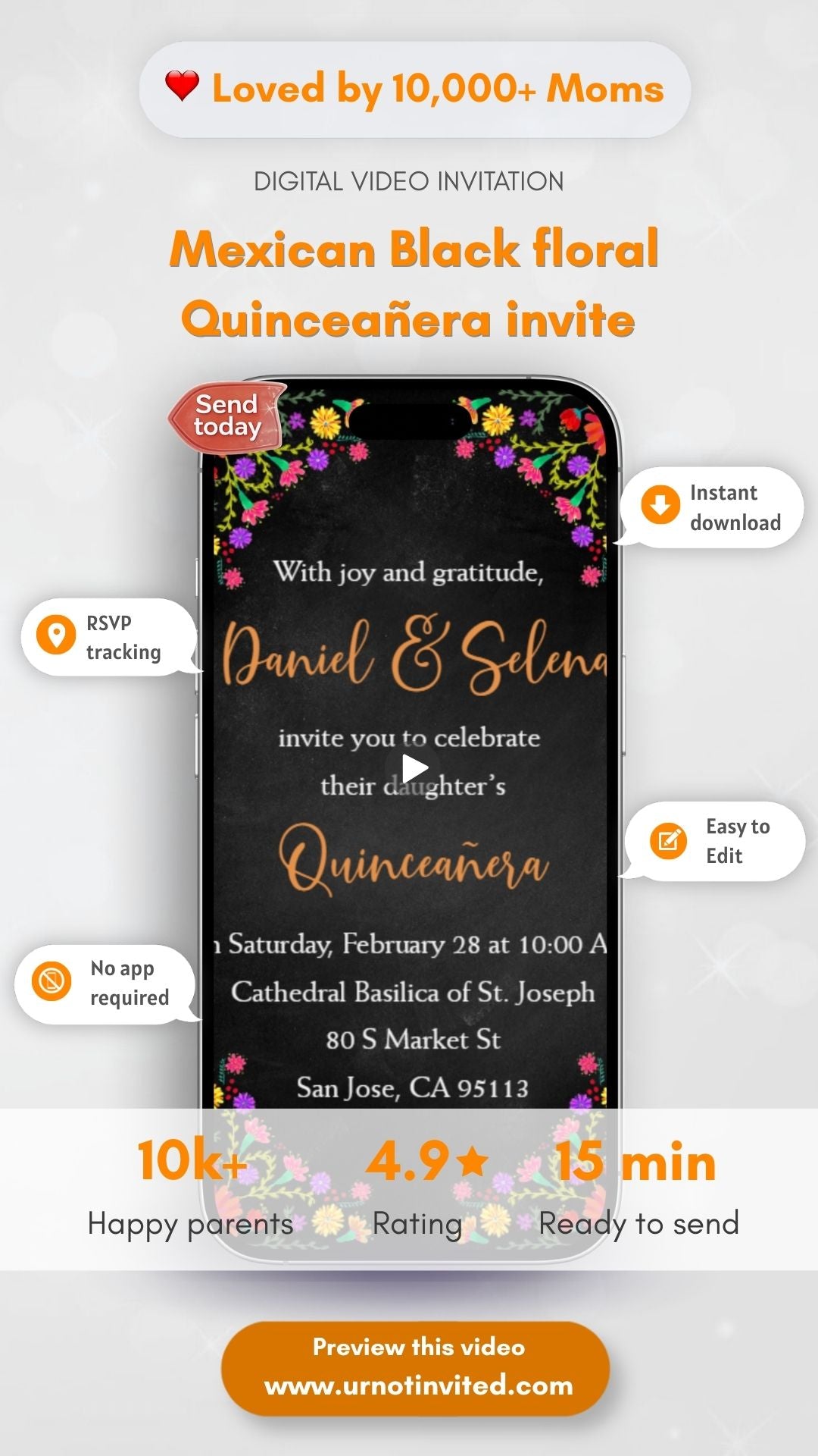 Mexican Fiesta Floral Black Quinceañera Invitations | Elegant &amp; Festive 15th Birthday Invites | Black Mexican Fiesta Folk Art Floral Quinceañera Invitation| Canva Template | Instant Download