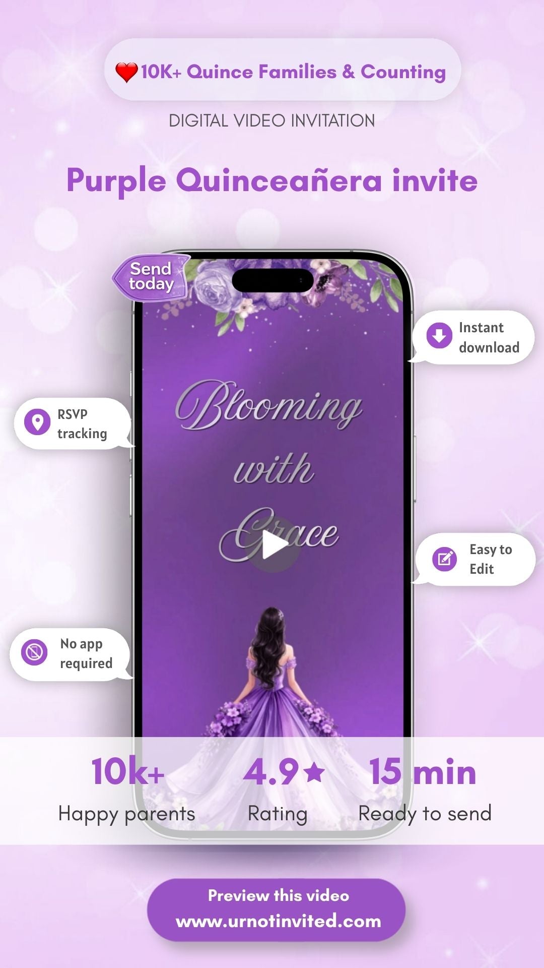 Purple Quinceañera Birthday Video Invitation - Quinceanera Purple Theme Digital Birthday Invite| Canva Template| Instant download