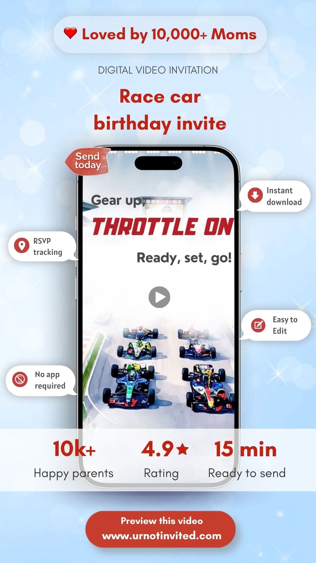Race Car Video Invitation – Power Up Birthday Party Digital Invite | Canva Template | Instant Download