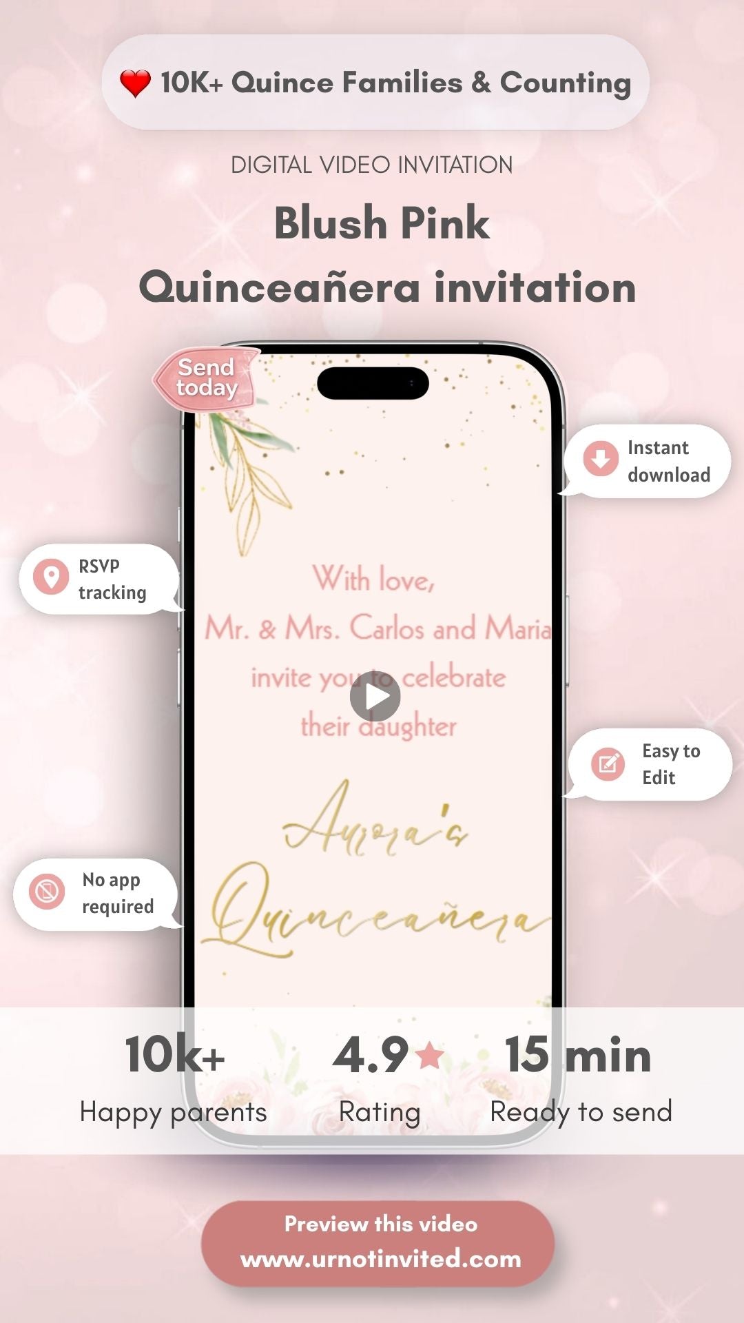 Blush Pink Quinceañera Video Invitation - cinderella quinceañera invite, quinceañera video invitation, princess quinceañera theme, digital quinceañera invite, Canva Template| Instant Download