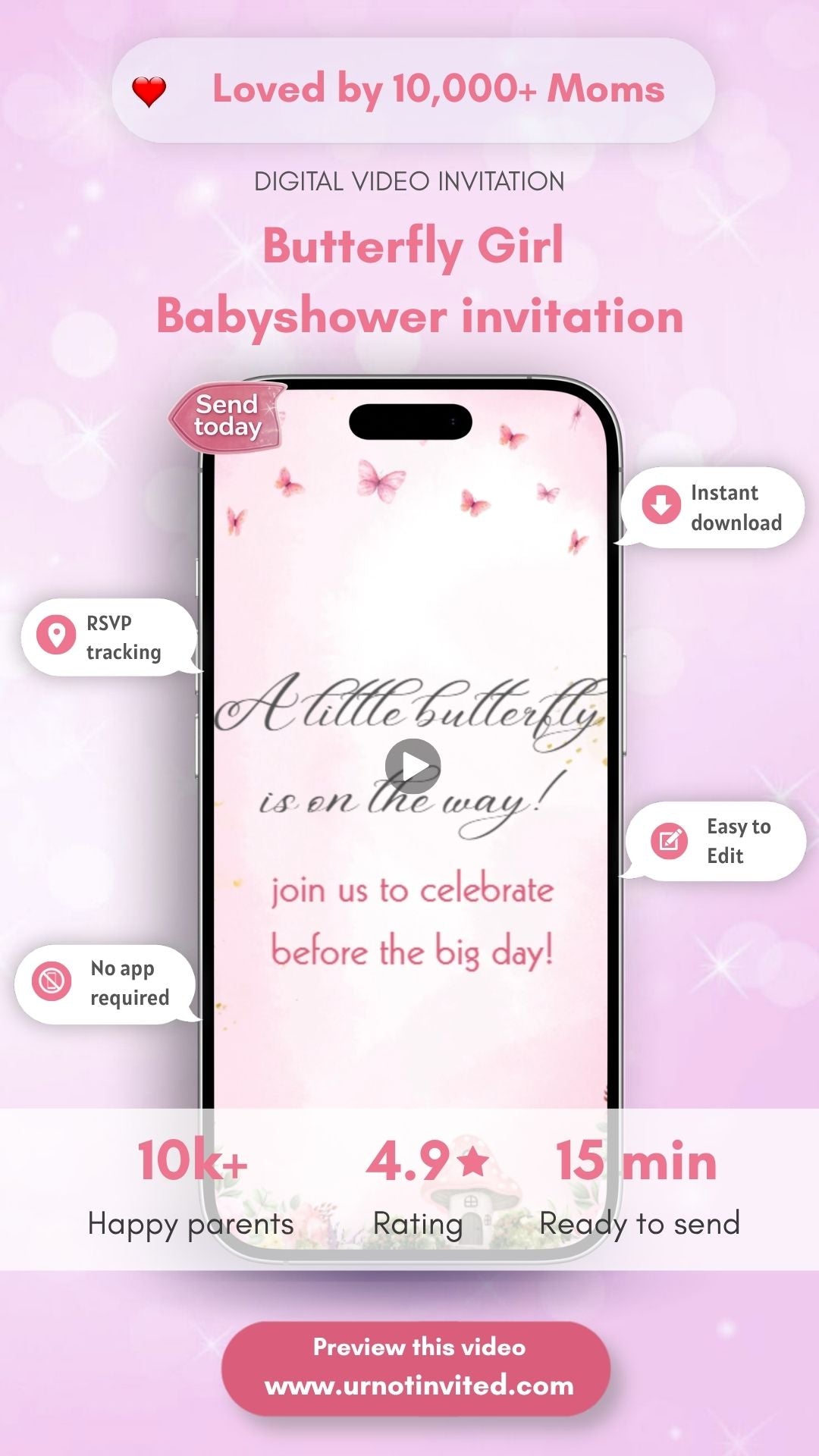 Butterfly Girl Baby Shower Girl Invitation - Butterfly Baby Shower Invite | Canva Template | Instant download