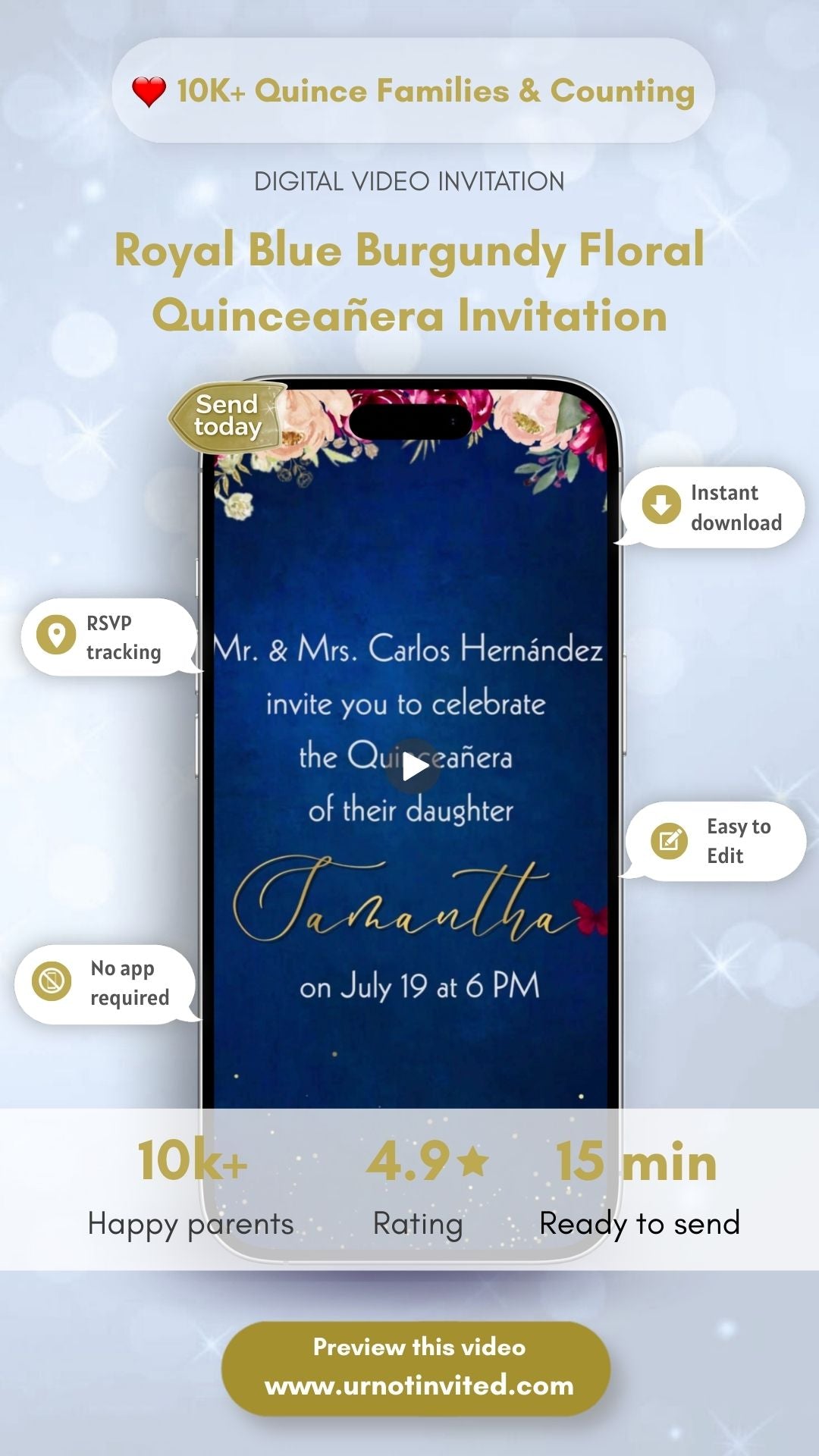 Royal Blue Burgandy Floral Quinceañera Video Invitation - Royal Blue Quinceañera Theme Quince Años Digital Invite | Canva Template | Instant Download