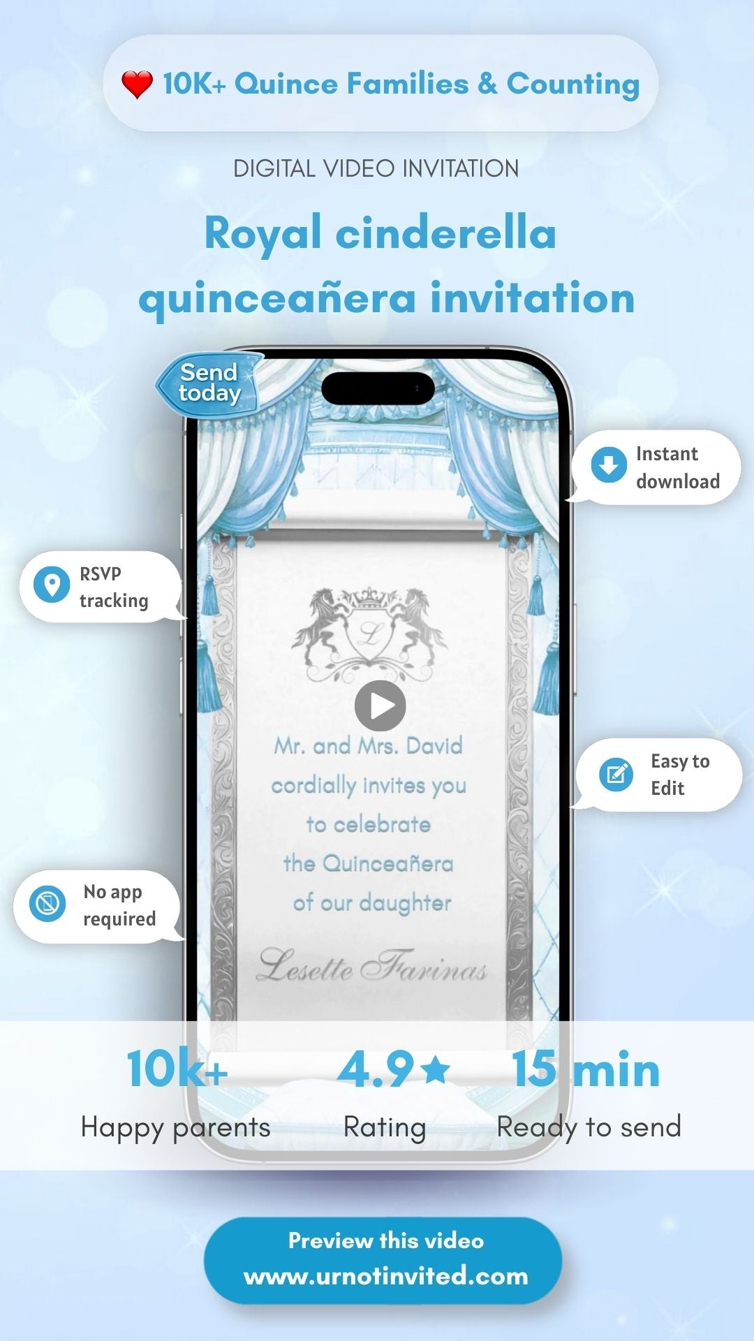 Cinderella Quinceañera Invitation Video | Princess Sweet 15 Invite | Elegant Royal Theme | Canva Template | Instant Download