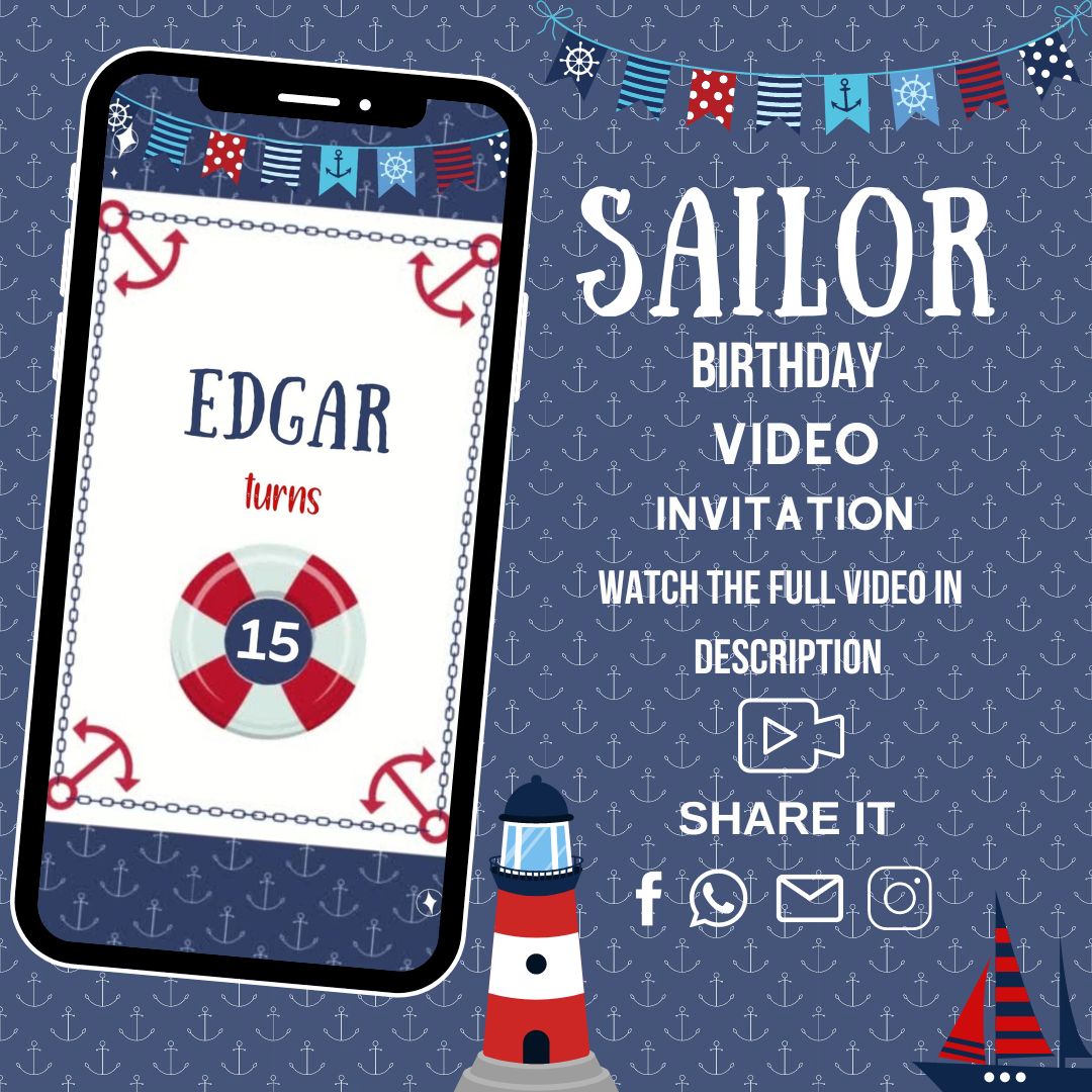 Sailor Birthday Video Invitation - Sailor Theme Party Invite